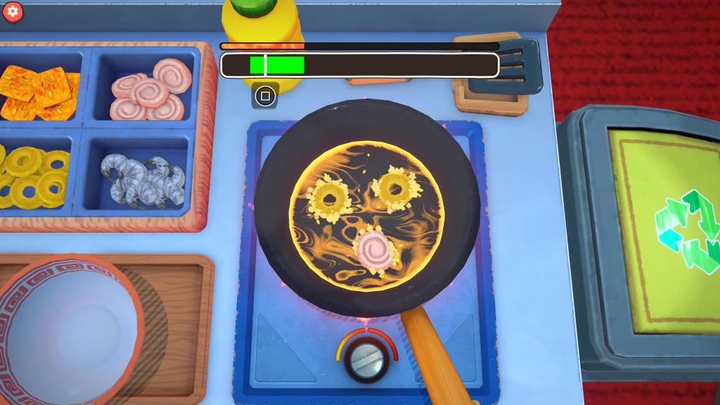 Cooking game scene showing a frying pan with sizzling pineapple rings and ham on a stovetop with ingredient trays nearby.