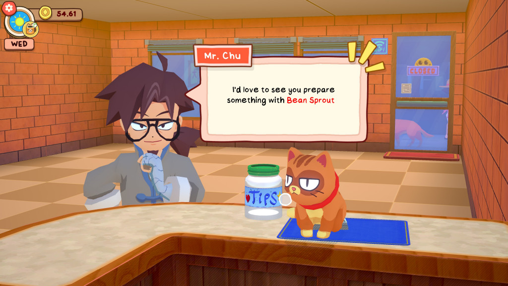 A cartoon cat named Mr. Chu at a counter with a tip jar, requesting to prepare something with bean sprout.