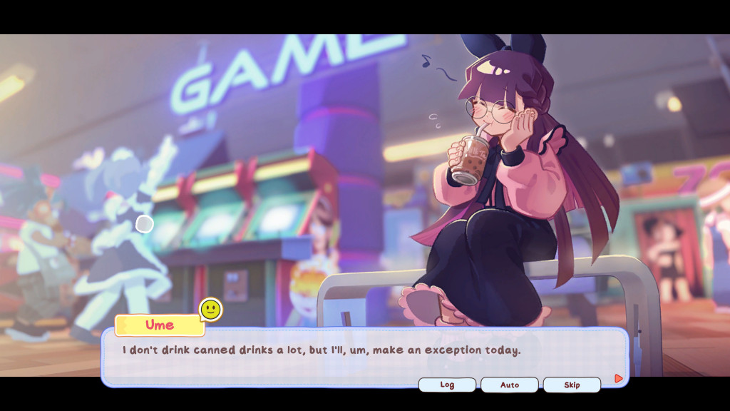 Anime-style girl with glasses and bunny ears drinks a canned bubble tea in a colorful arcade setting.