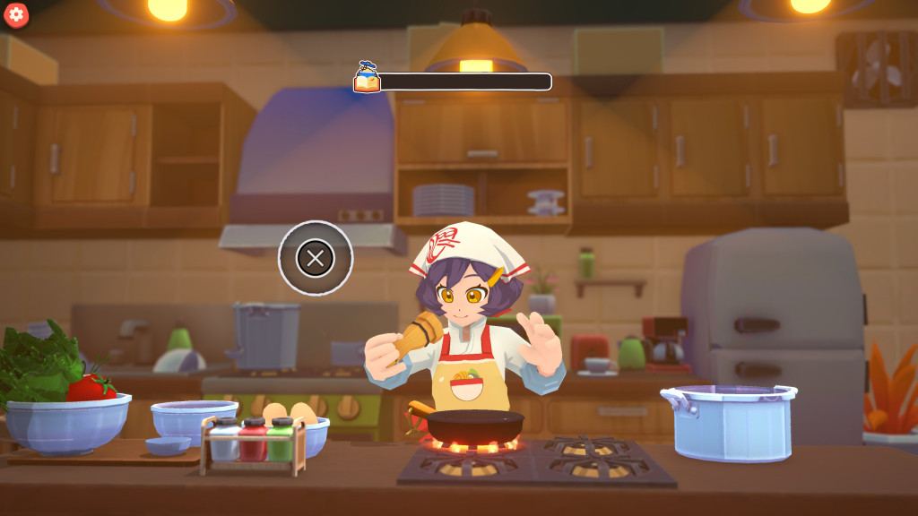 Cartoon character cooking in a cozy kitchen with bowls of ingredients and a pot on the stove.