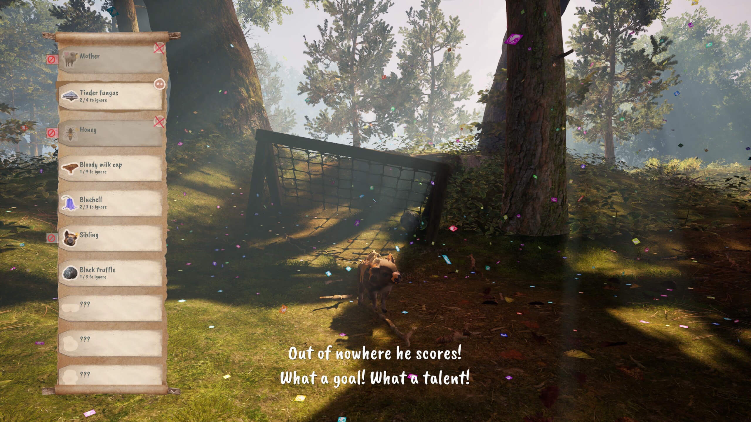 image showing boris scoring a goal in a net randomly placed in teh forest