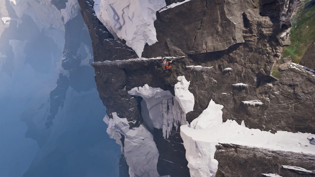 Ariane climbs across a narrow ledge on the side of a steep cliff. There is a deadly drop below her.