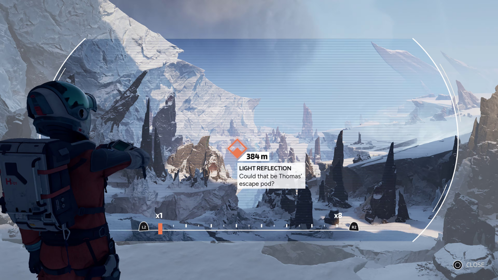 Ariane looks out over a snowy landscape, using her visor to scan long-range targets. A light reflection in the distance hints that she could be close to Thomas' escape pod.