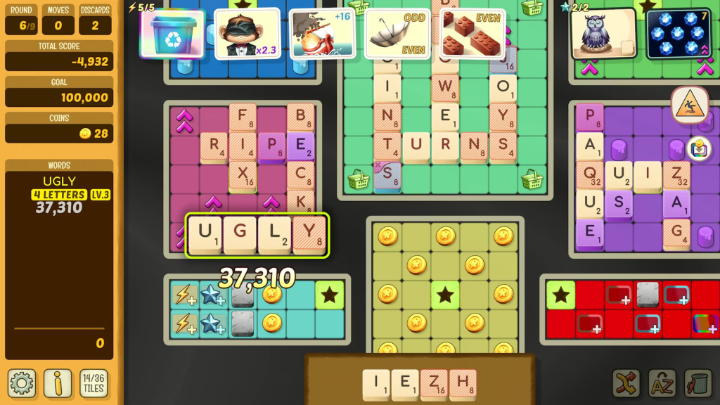 This board is made up of several, smaller boards. Many words have already been placed on three of the eight boards, although the current score is -4,932