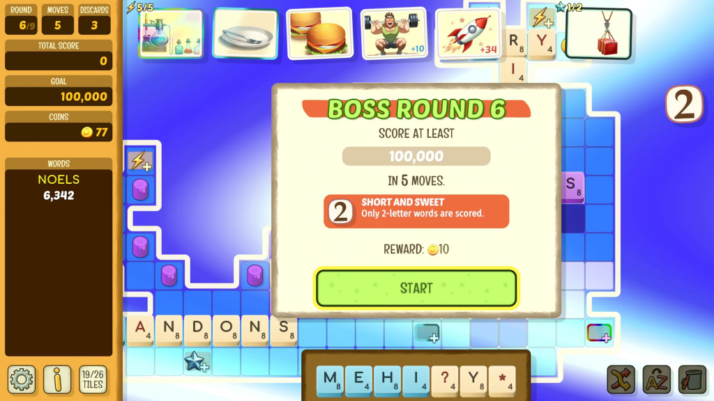 A pop-up showing that a boss round is about to begin. The player must score 100,000 poins in 5 moves, however only 2-letter words earn points.