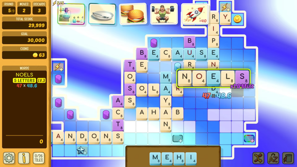 A variety of words, including "noels", "toss", and "acts" have already been played.