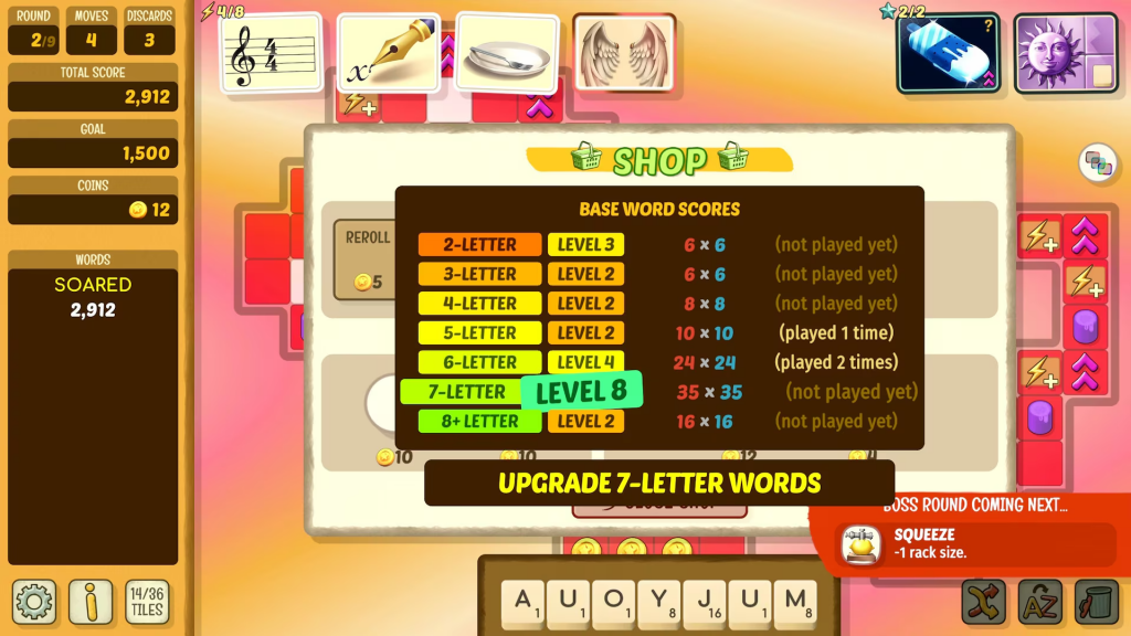 The base word score screen, showing that 7-letter words now earn a base score of 35x35.