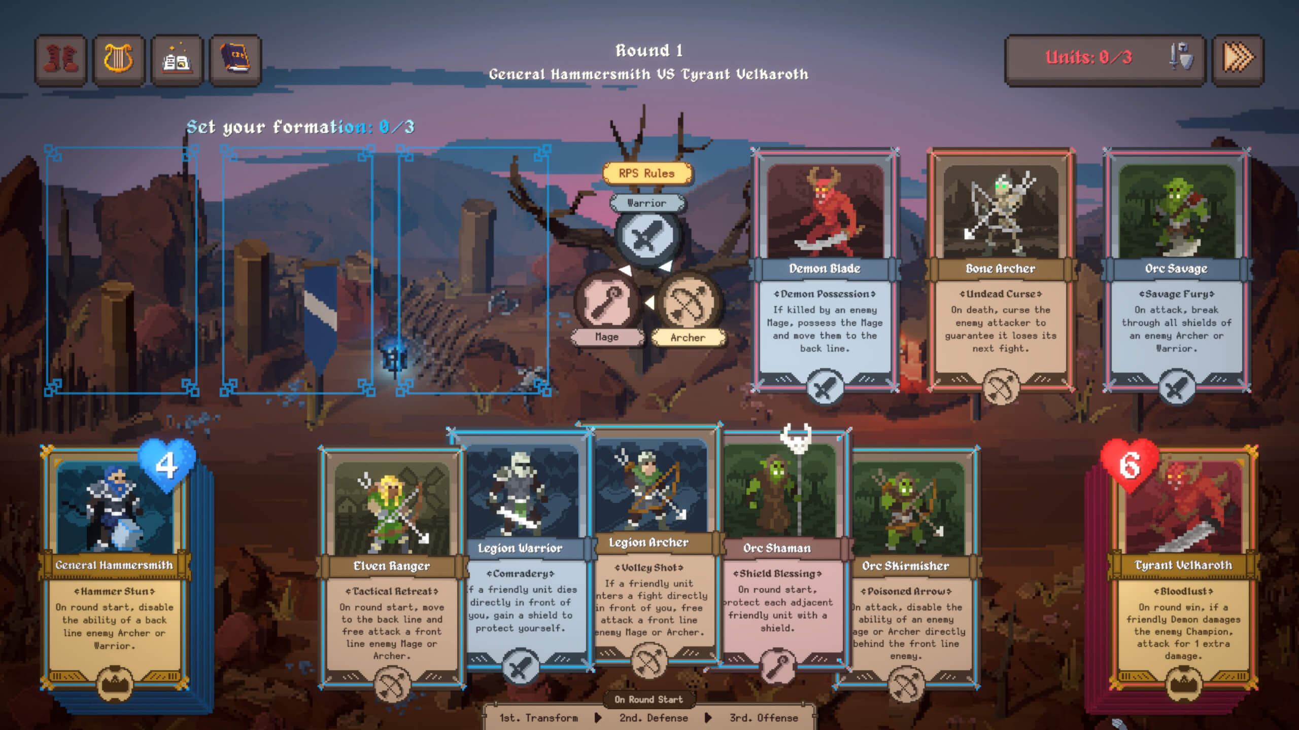 Pixel‑art battle screen from Blades Bows and Magic showing a dusk mountain backdrop with two opposing champions, General Hammersmith on the left and Tyrant Velkaroth on the right. Three empty blue slots sit in the centre for unit placement. Character cards line both sides, each displaying portraits, class icons and short ability descriptions. A banner at the top reads “Round 1 General Hammersmith VS Tyrant Velkaroth,” while the bottom panel outlines the round‑start sequence: transform, defence and offence.