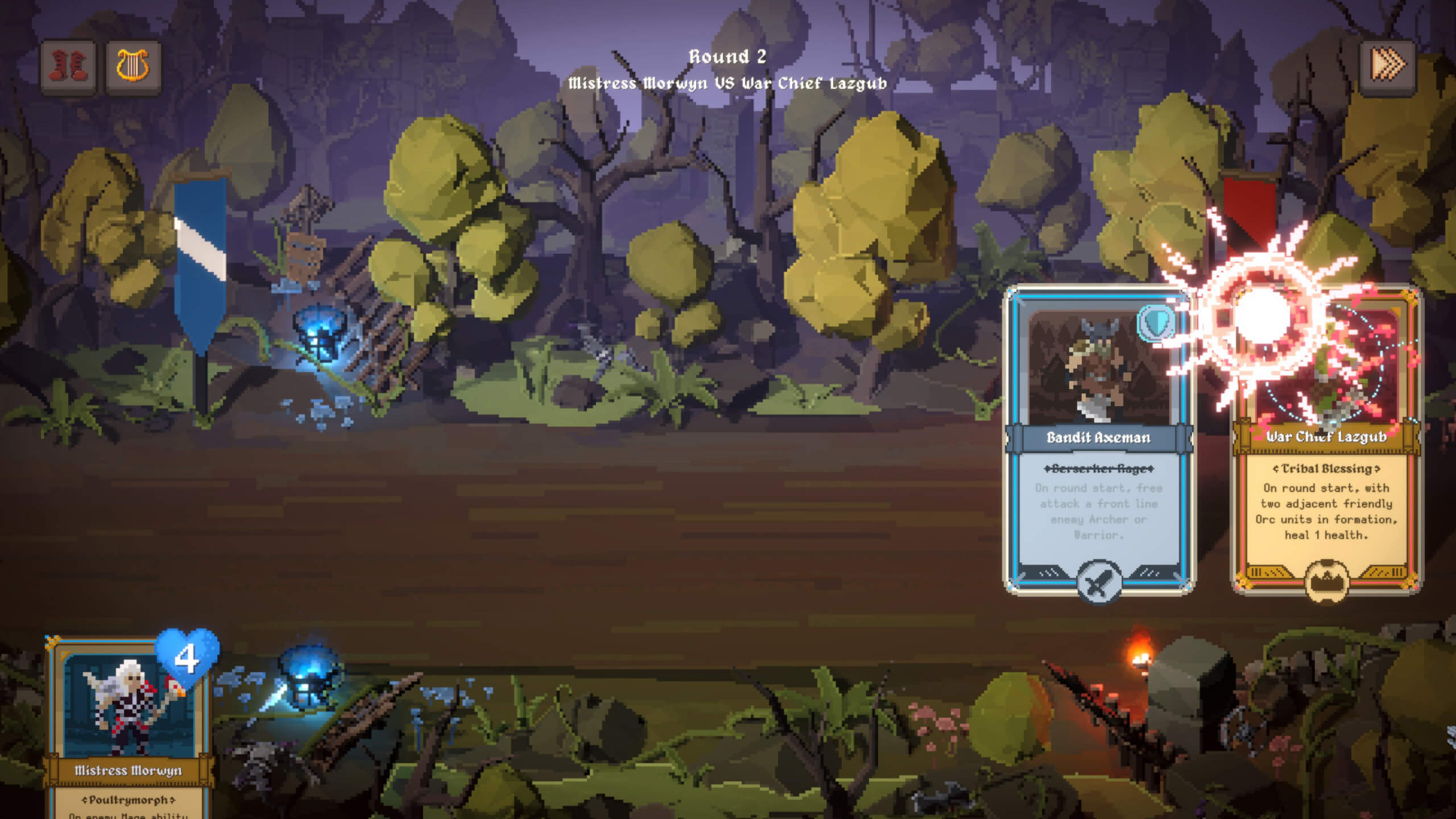 Pixel‑art battle screen from Blades, Bows and Magic. Set in a glowing forest with blue lanterns and dense trees. A banner at the top reads “Round 2 Mistress Morwyn VS War Chief Lazgub.” Mistress Morwyn’s card appears on the left with a heart value of 4, while two enemy cards sit on the right: Bandit Axeman and War Chief Lazgub, each showing portraits, class icons and ability text. The centre of the screen remains empty, framed by UI panels and soft green lighting from the forest backdrop.