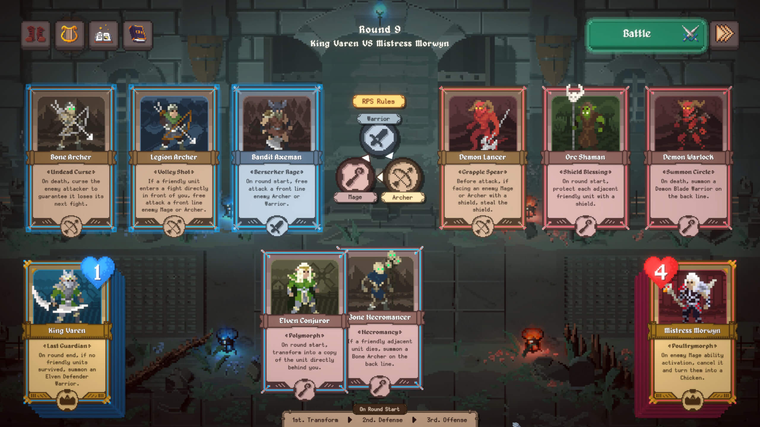 Pixel‑art battle interface from Blades, Bows and Magic set inside a torch‑lit stone dungeon. A banner at the top reads “Round 9 King Varen VS Mistress Morwyn.” Character cards line both sides, showing portraits, class icons and ability text for units such as Bone Archer, Legion Archer, Bandit Axeman, Demon Lancer, Orc Shaman and Demon Warlock. King Varen’s and Mistress Morwyn’s champion cards sit at the bottom of each column. The centre panel displays the Warrior, Mage and Archer RPS rules, with round‑phase steps for transform, defence and offence beneath.
