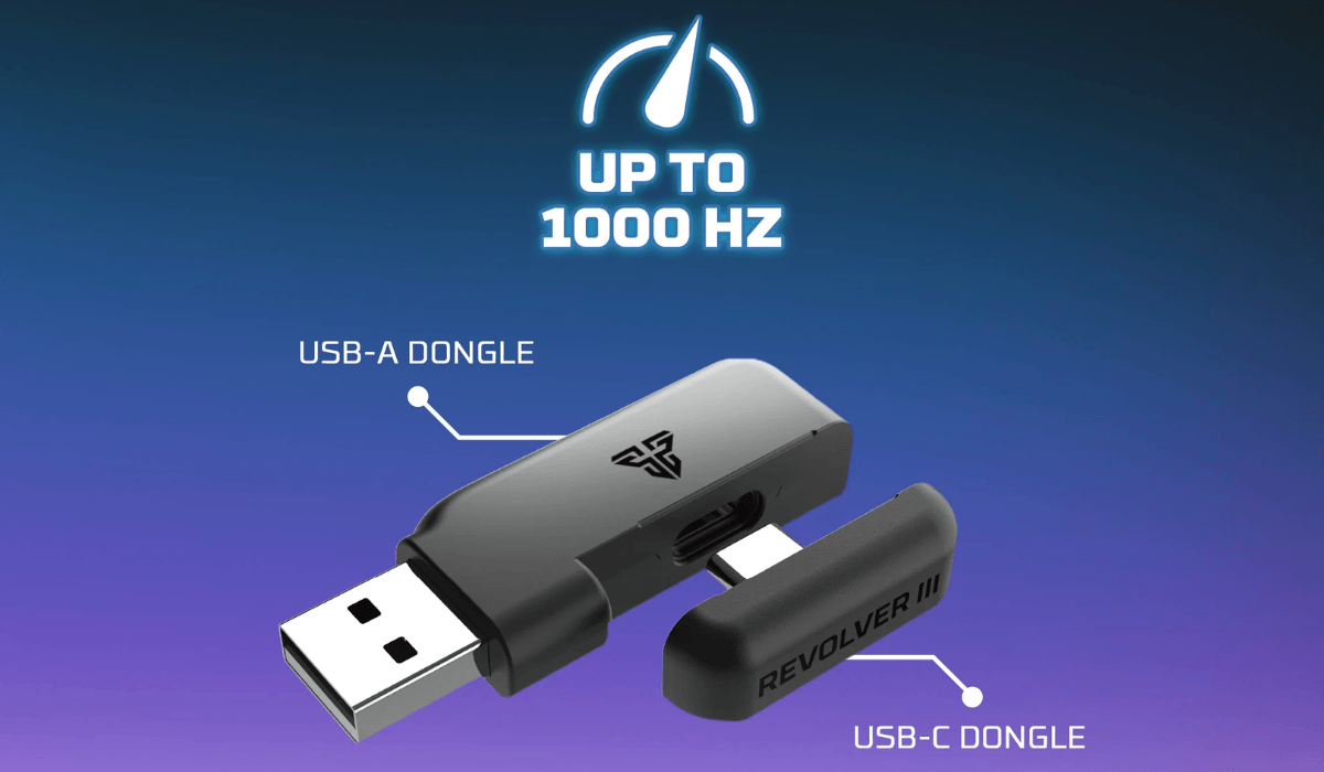 A USB-A dongle with a detachable USB-C adapter labeled "REVOLVER III" is shown beneath text reading "Up to 1000 Hz" on a blue gradient background.