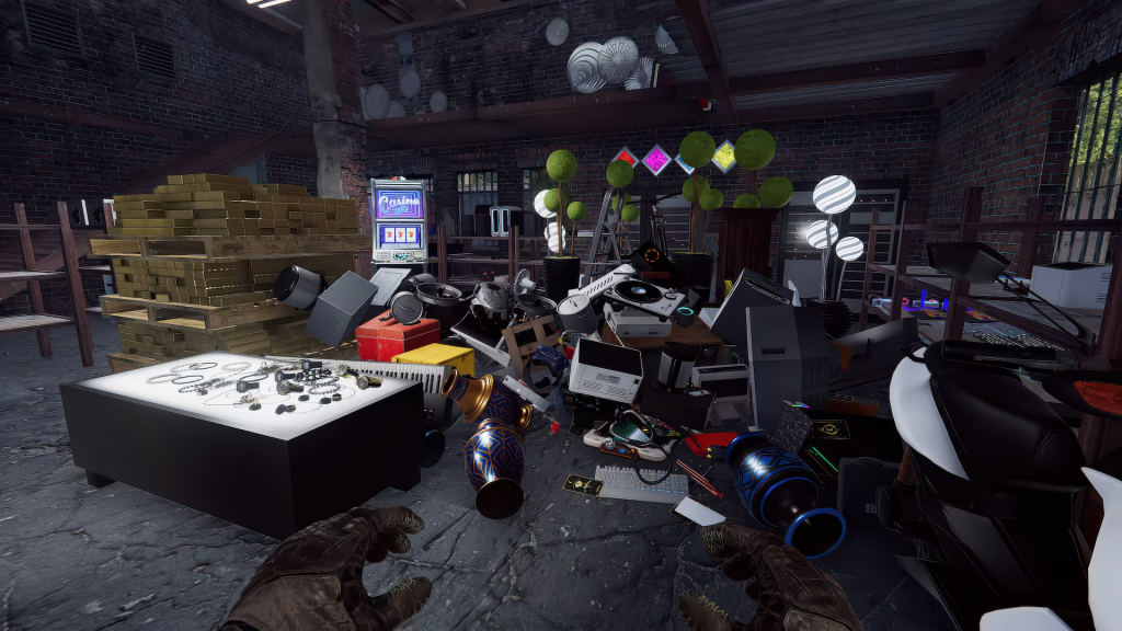 A cluttered warehouse with piles of gold bars, electronics, and more loot.