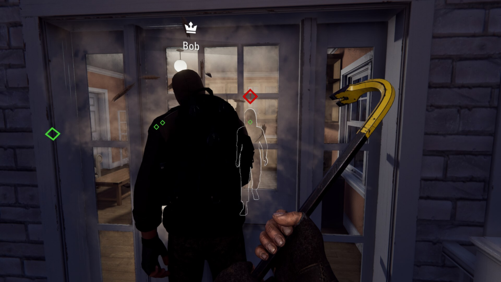 A character named Bob stands in front of double doors outside a house. An NPC is outlined inside. Our player character is holding a crowbar.