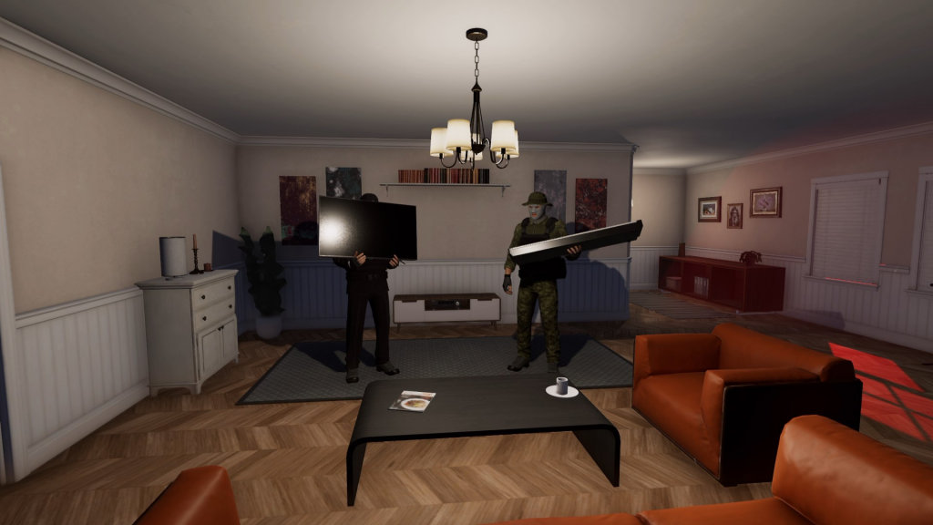 Two player characters stand in an NPCs house. One is holding a television, the other a large sound bar.