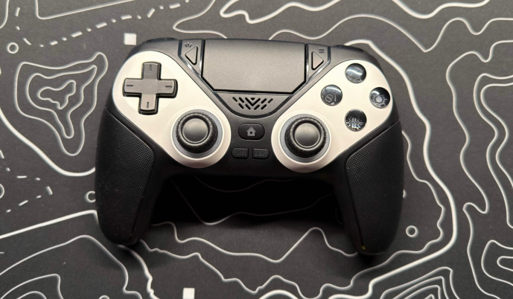 Image of the gamrombo playstation controller on a patterned background