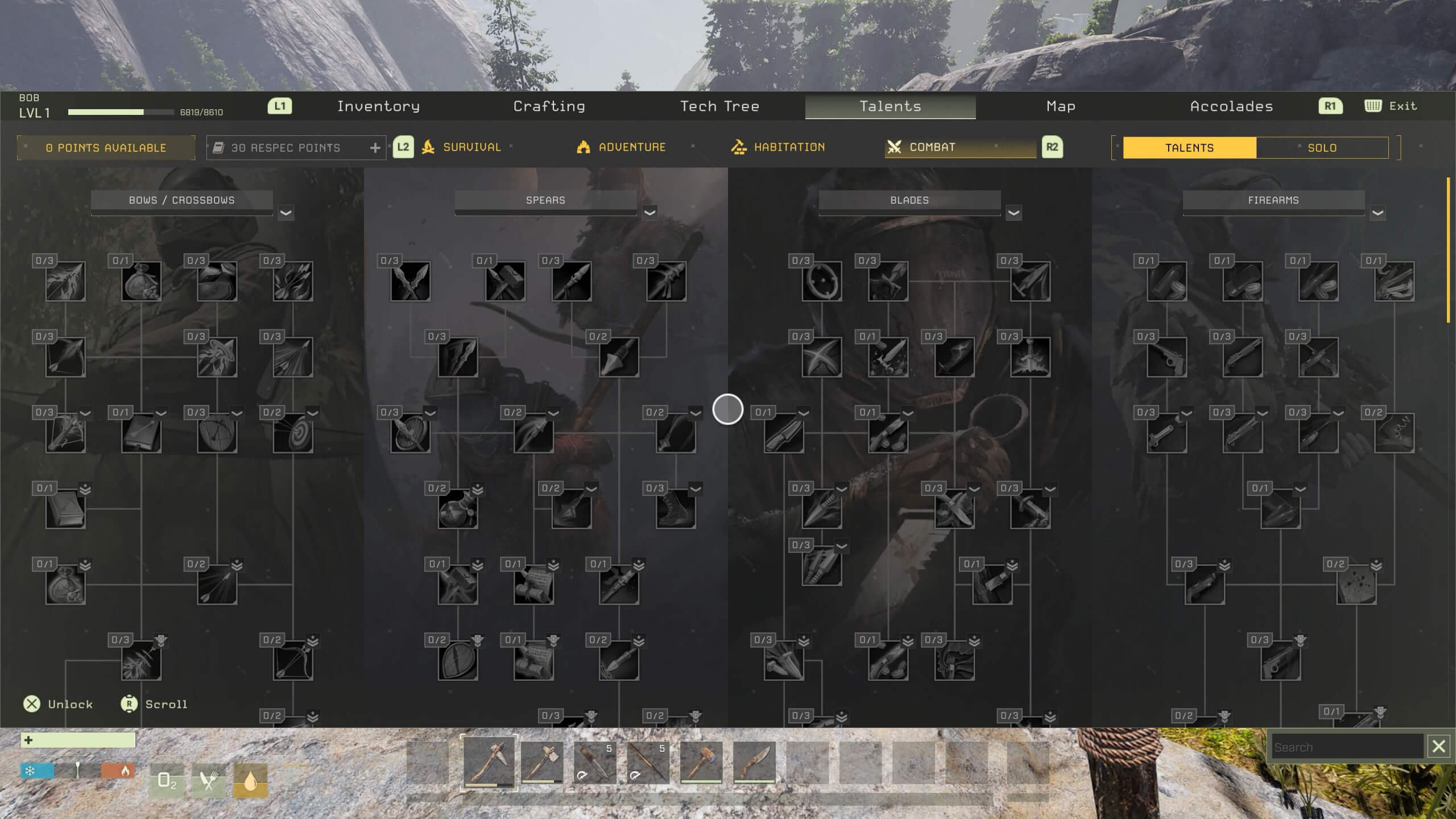 Video game character talent skill tree screen showing four categories: Bows/Crossbows, Spears, Blades, and Firearms with various unlockable skills.