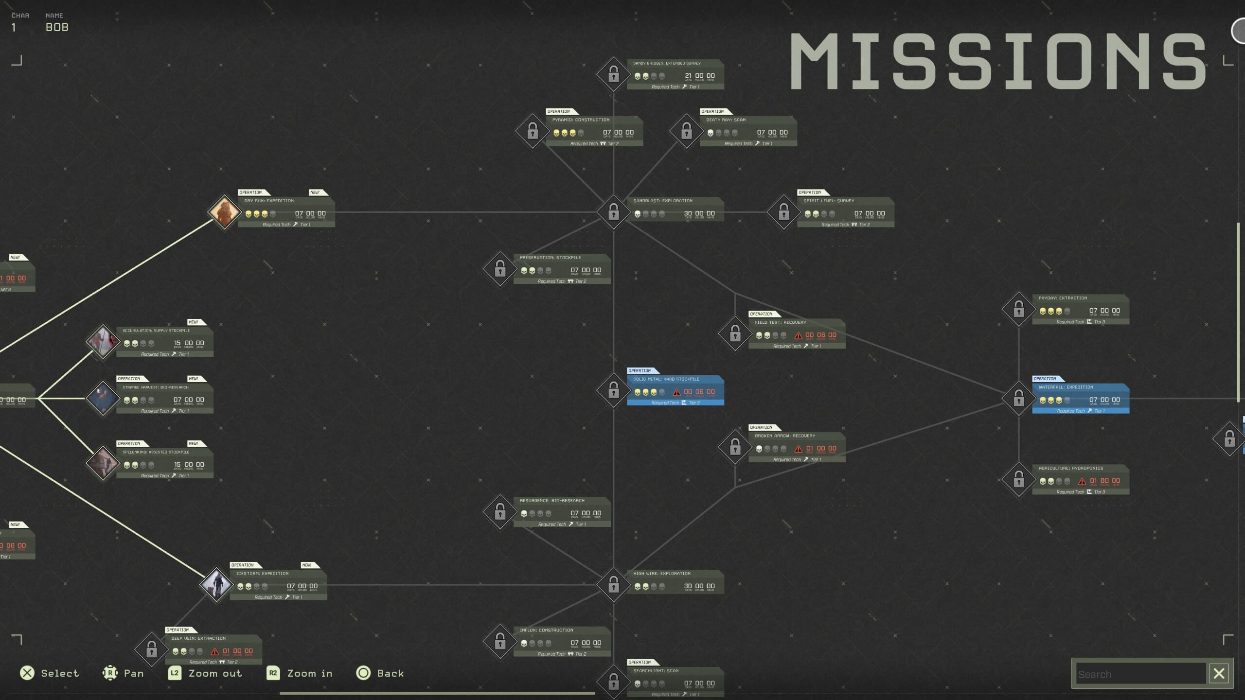 Mission selection screen displaying multiple locked and unlocked interconnected operations with timers, requirements, and rewards.
