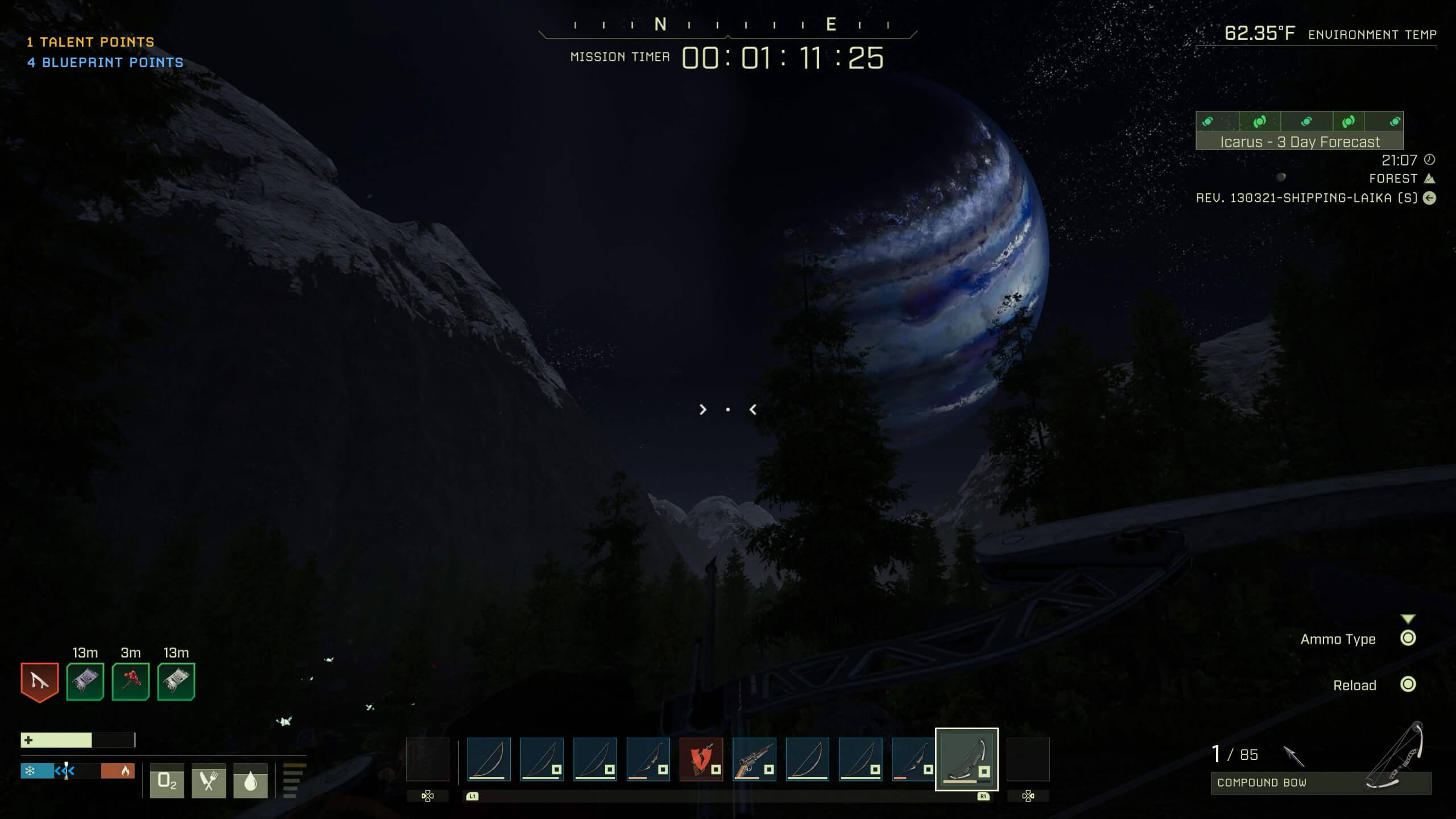 Nighttime game scene with mountainous forest, a large planet in the sky, and a player holding a compound bow with HUD elements visible.
