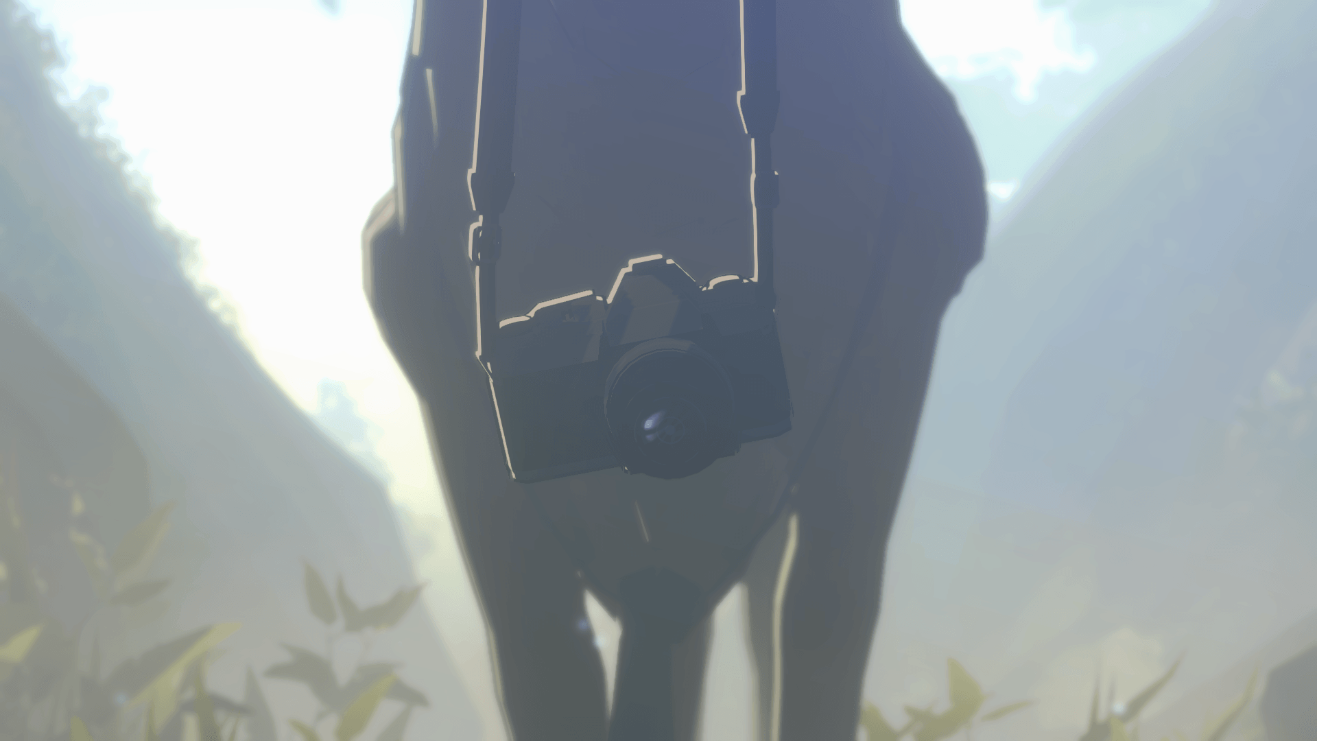 A camera hanging around the neck of a deer, although the head is out of frame. 