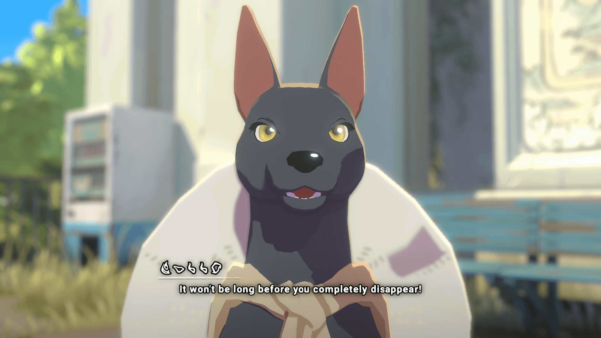 A black dog with yellow eyes, and pointy ears that stand up. It also seems to be wearing a beige neck accessories and round white object. Also a vending machine is seen in the background.