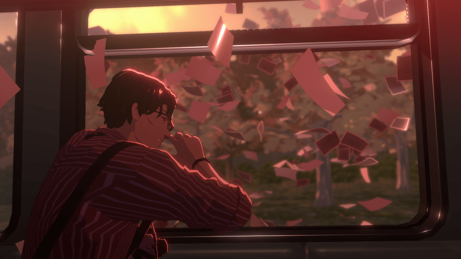Eugene is covering hisself from the large amount of Polaroids flying towards him from outside. 