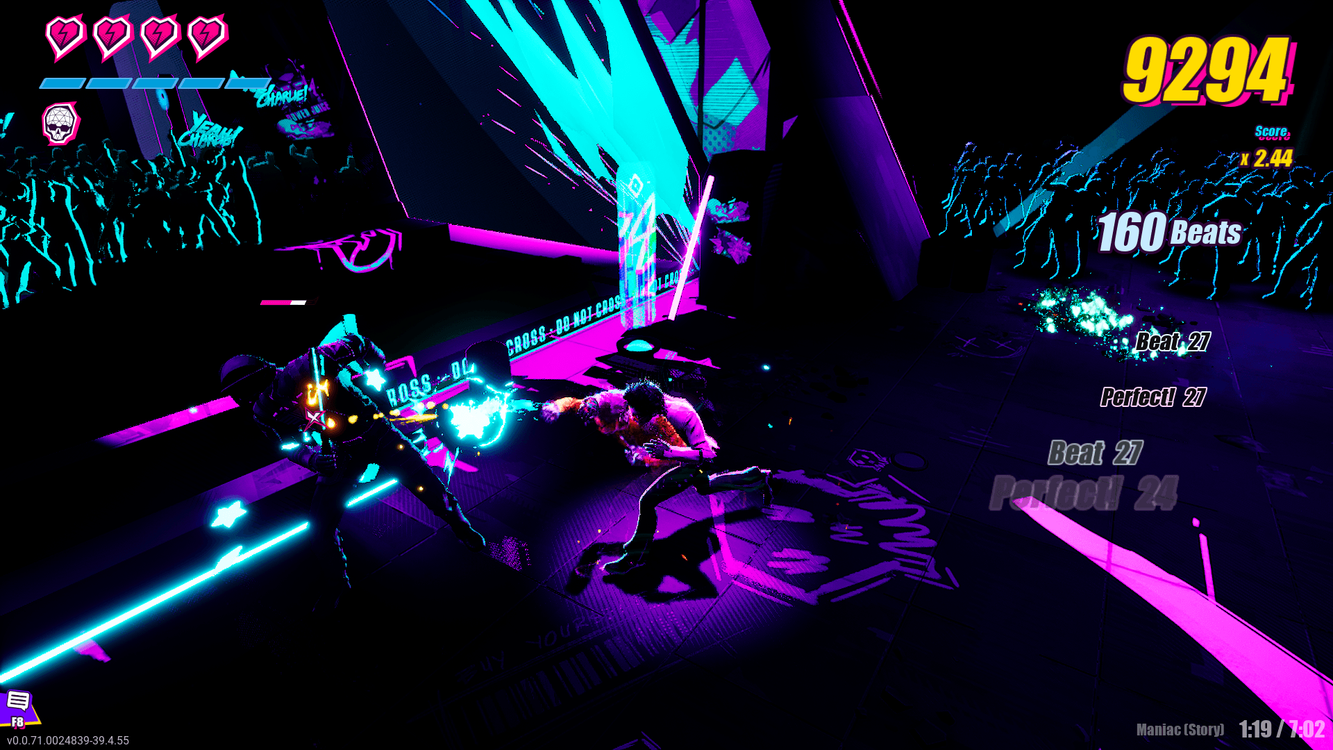 A completely darkened room with cyan light highlighting a crowds silhouette. There are also neon magenta lights across the floor. In the middle are two men fighting, the left one falling, and the right one (player character) is highlighted magenta, and his punch had a cyan blast at the end of it.