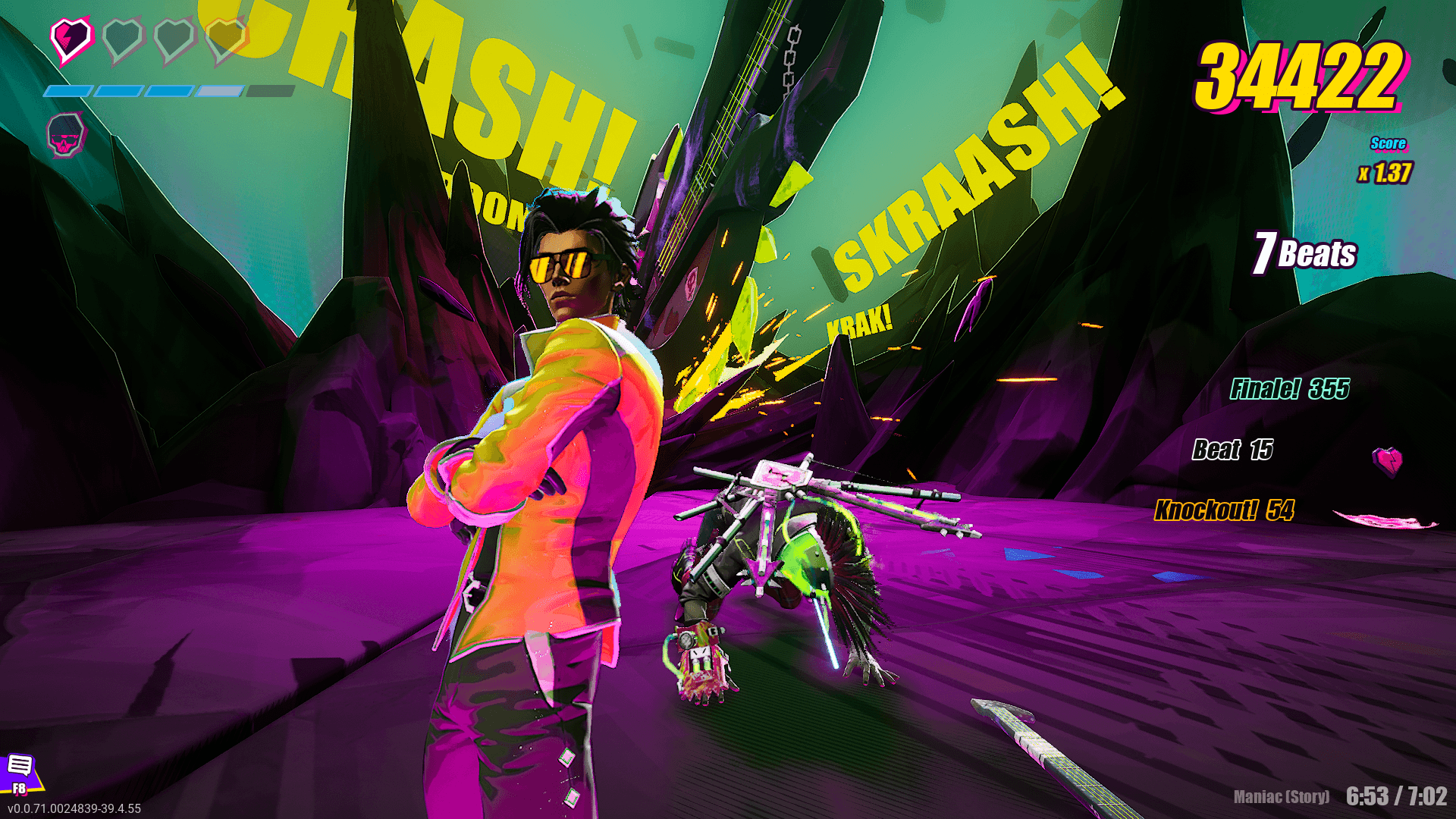 Charlie the man in the yellow jacket posing with his arms crossed, is standing proudly after beating Hemlock the guy on the floor in shame. In the top right is the score the player acheived by the end of the level.