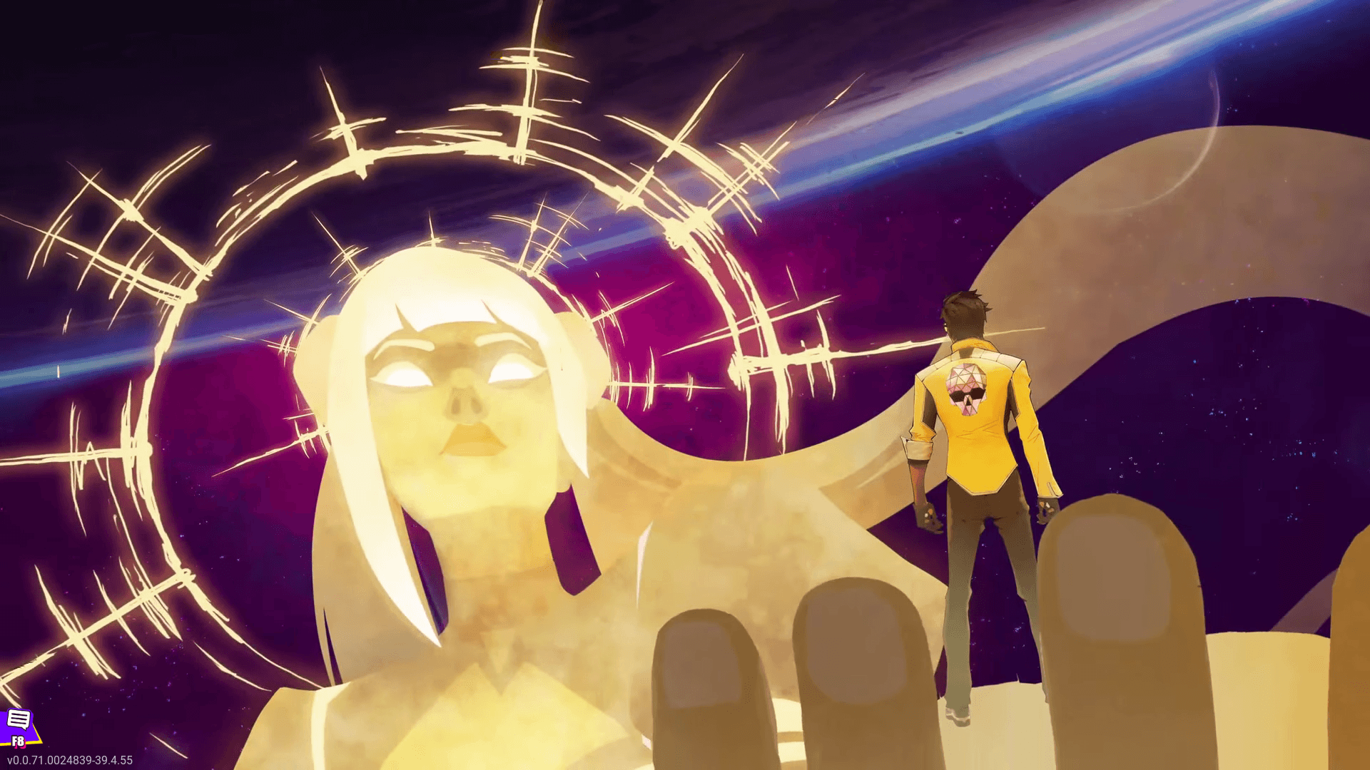 A large torso of the boss Arora in her golden form, a large ring in the style of an outline sun is posed around her head like a crown. In her palm is Charlie.