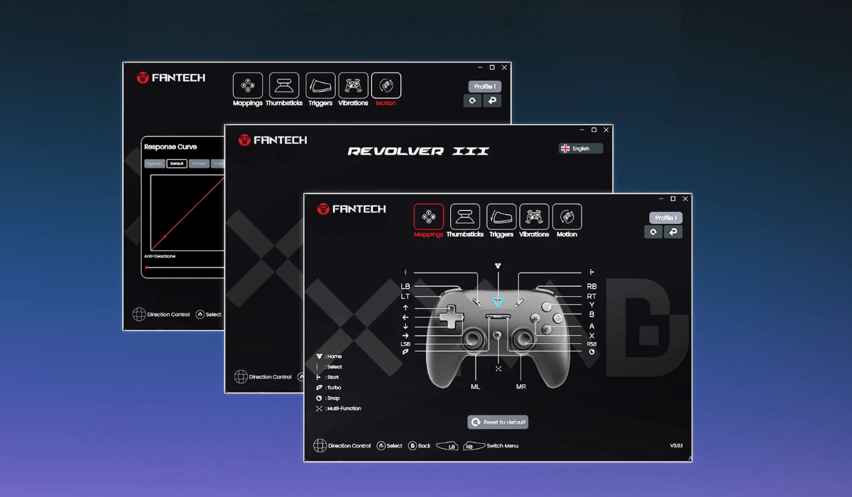 Three overlapping software interface windows show customizable settings for a Fantech gaming controller, featuring mappings and response curves on a gradient background.