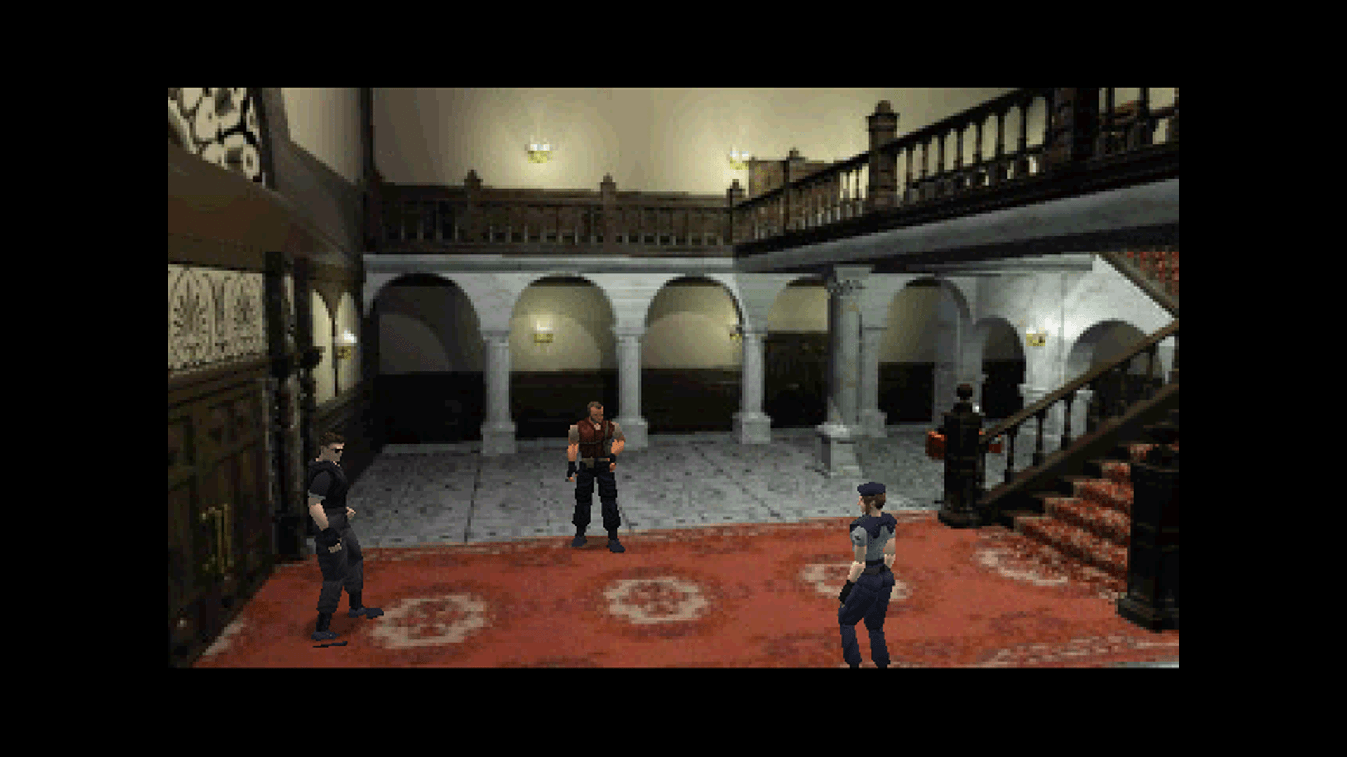 Three people stand in a large, dimly lit mansion hall with ornate carpets, arches, and a staircase. The mood is tense and mysterious.