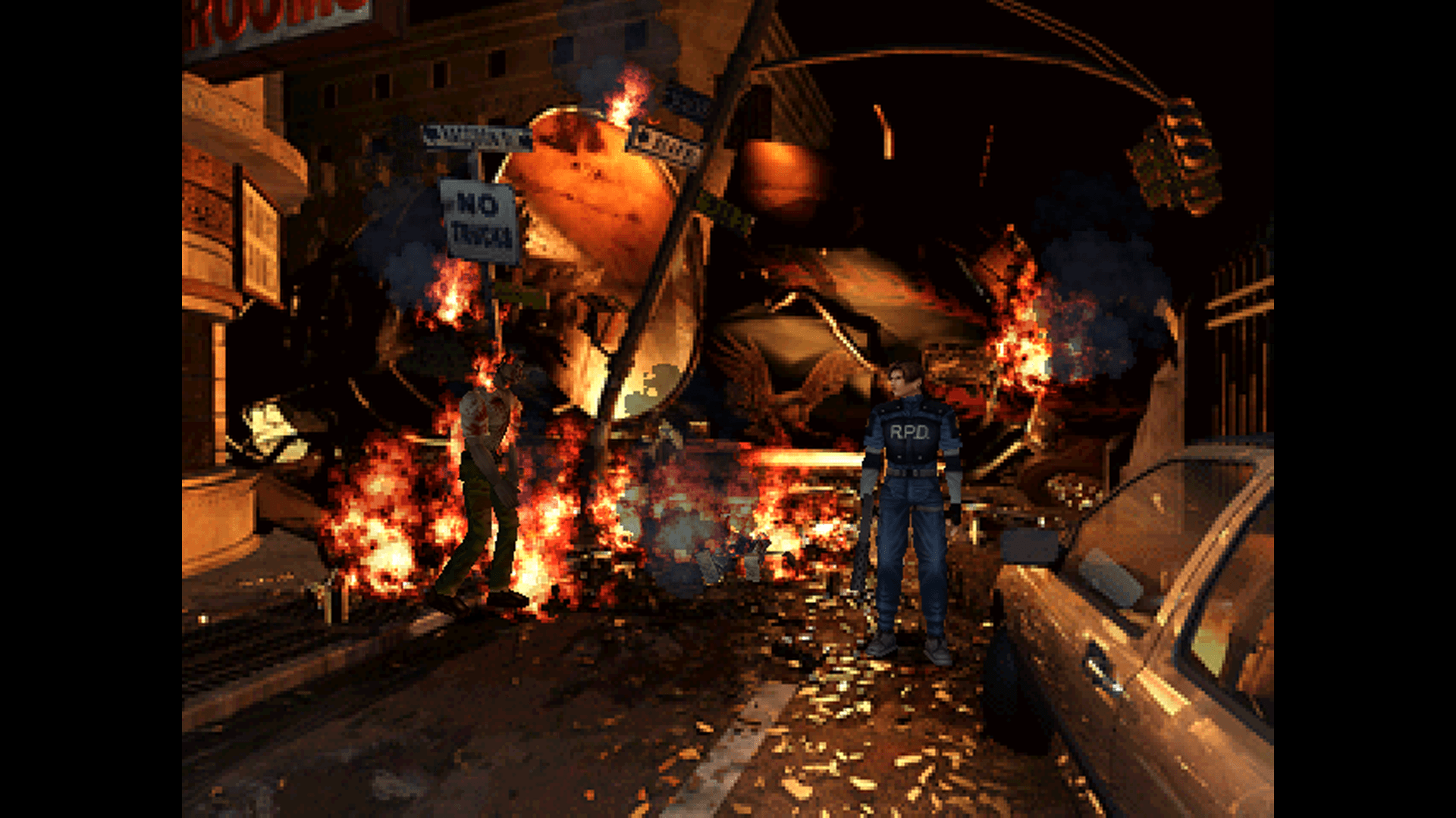 A night scene features a chaotic urban street with intense fires and debris. Two individuals, one in an RPD uniform, stand amidst the destruction.