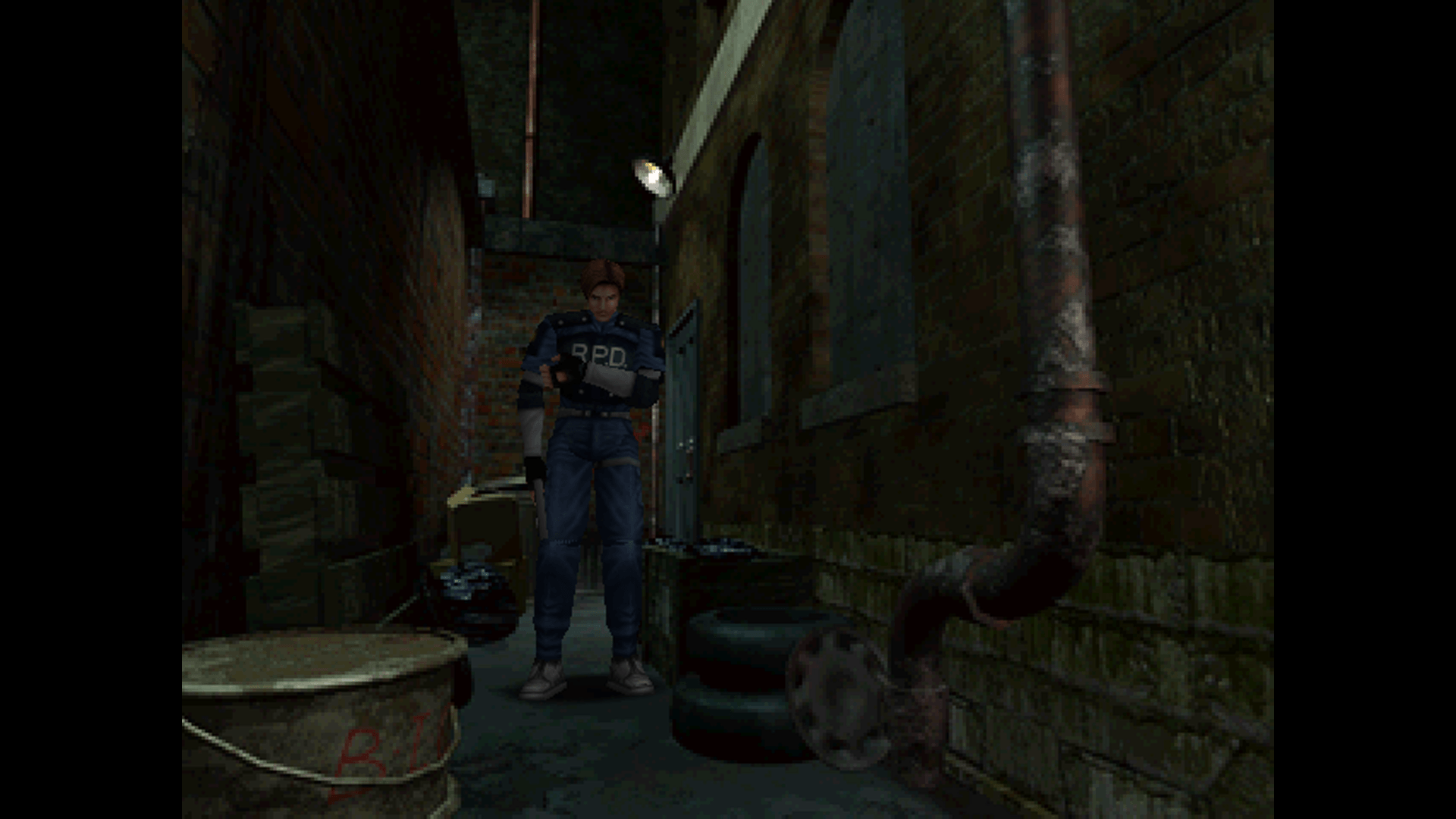 A person in a police uniform stands in a shadowy alley with brick walls and scattered barrels. The dark, tense setting evokes a sense of suspense and mystery.