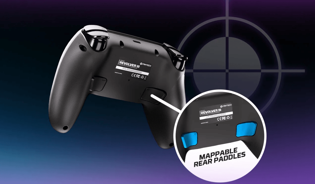 A black gaming controller is shown from the back, highlighting its mappable rear paddles with a close-up inset and text pointing to the feature.