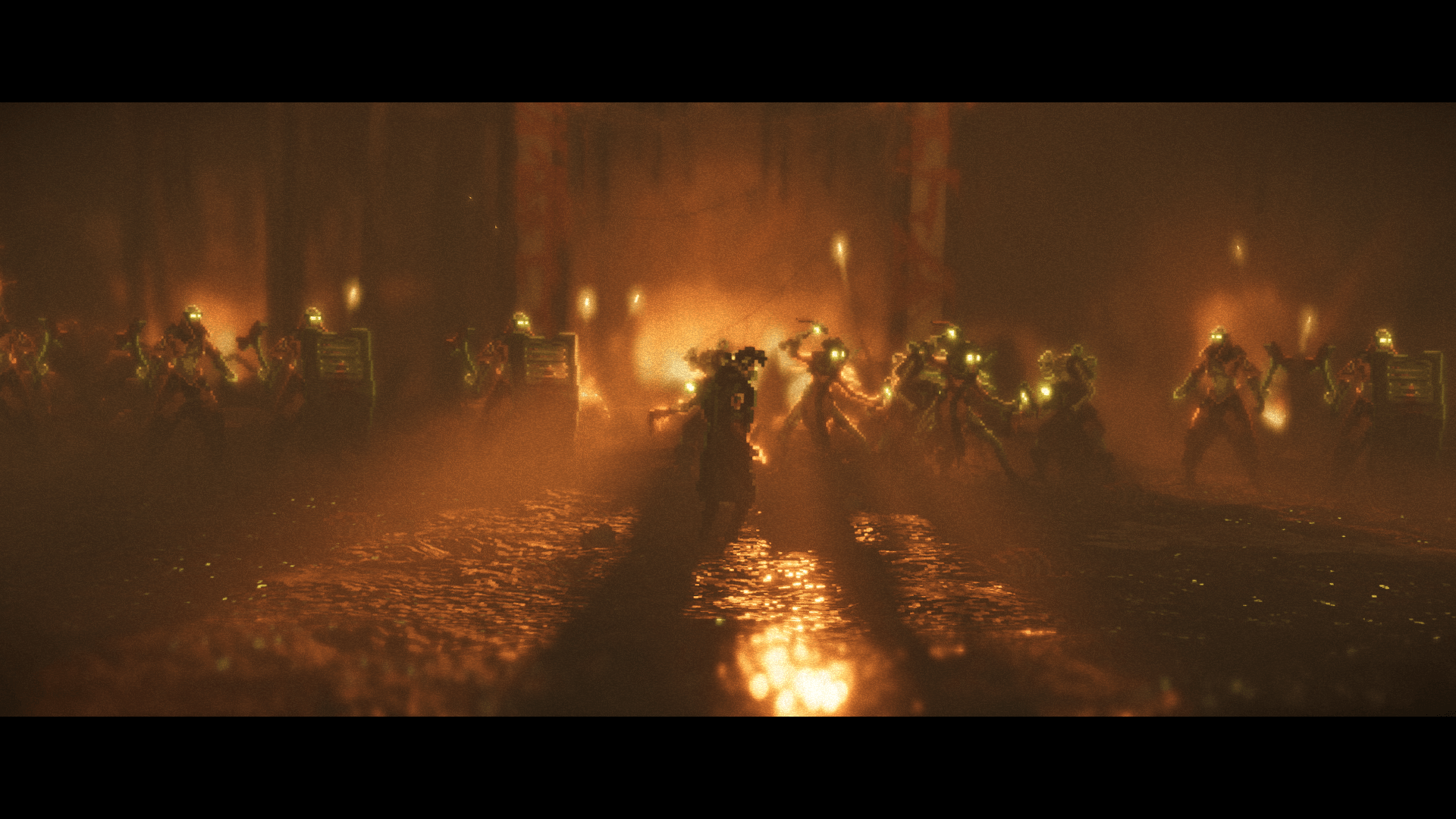 A large group of enemies is stood in front of the main character Reach, who has his back turned to the player. Some of these foes are holding shields, while others have a sickle. The whole area is being illuminated by a large fire in the background. 