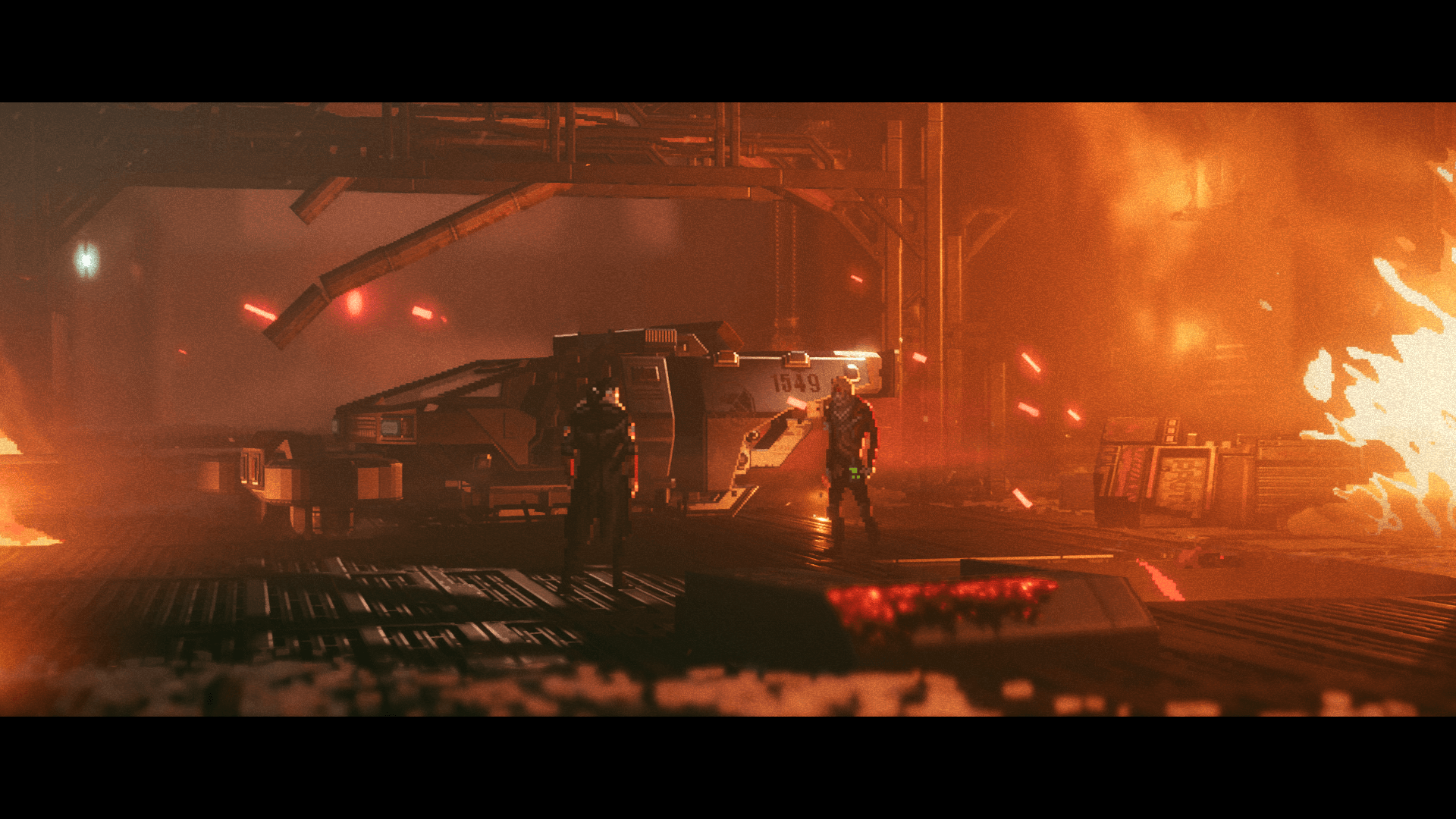 Two character looking at each other while stood next to a vehicle all around them are flames just seen out of frame. The flames provide an ambient glow for the shot. 