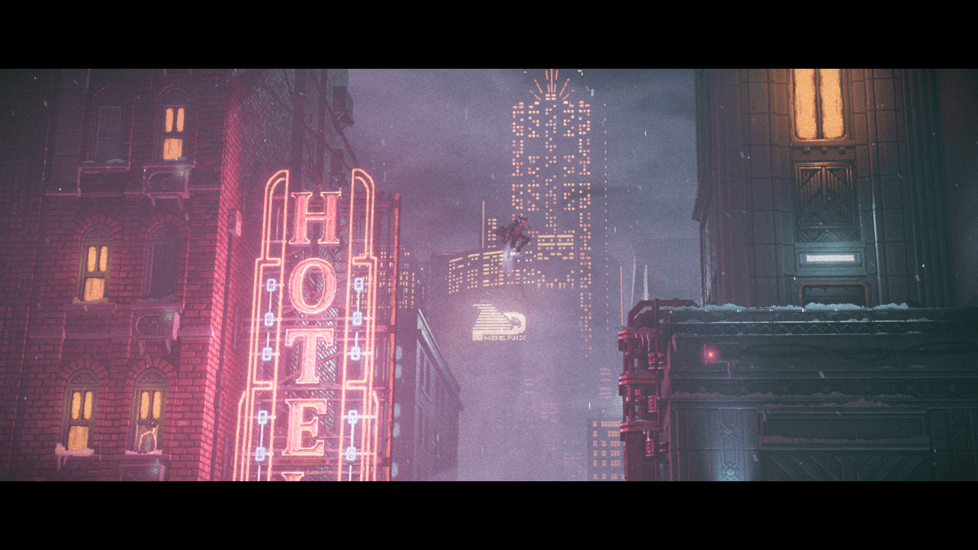 A man jumping from a nearby building to another. A sign on the left is glowing a pink neon glow, while the words spell out hotel, except the L is out of view. 