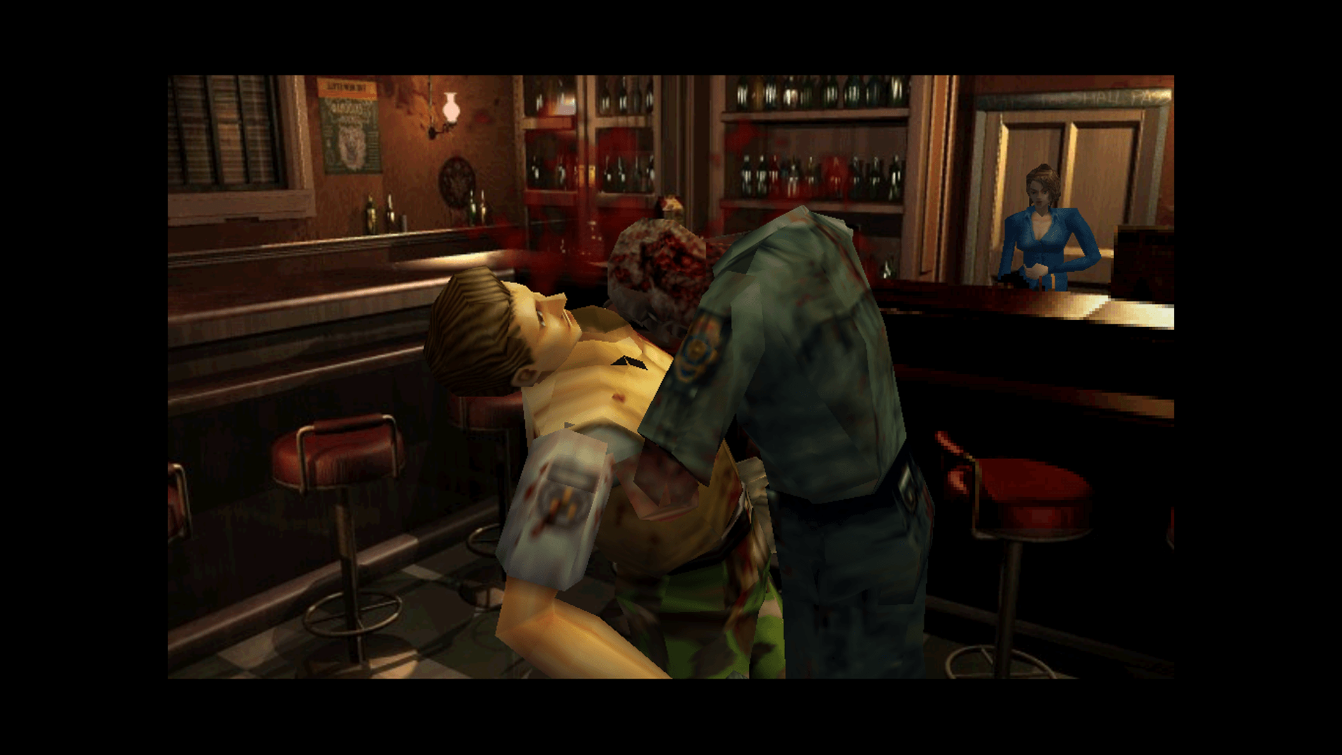 A zombie bites a police officer inside a dimly lit bar. Red barstools and bottles line the shelves. A worried person stands in the background.