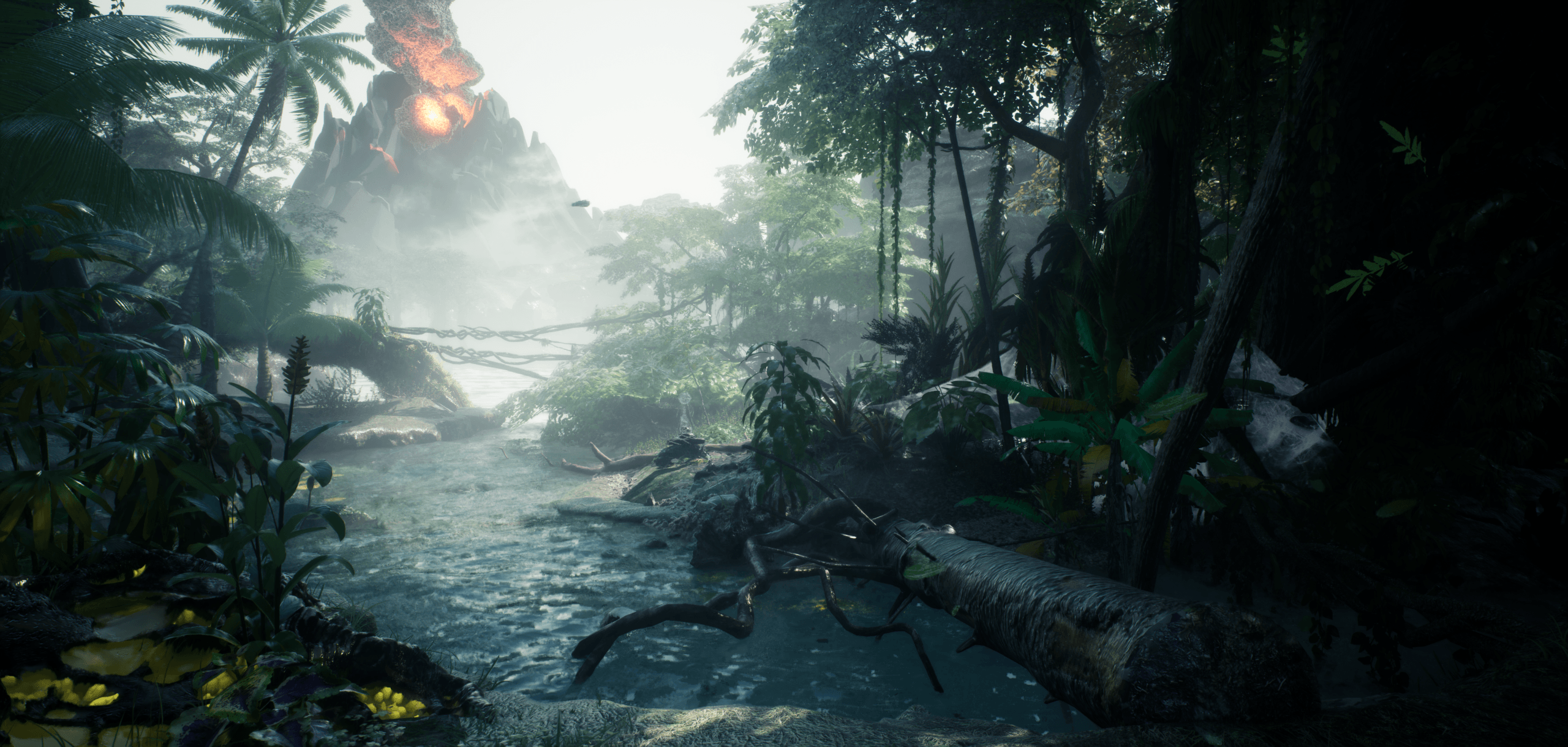 image showing a forest with a volcano in the background erupting