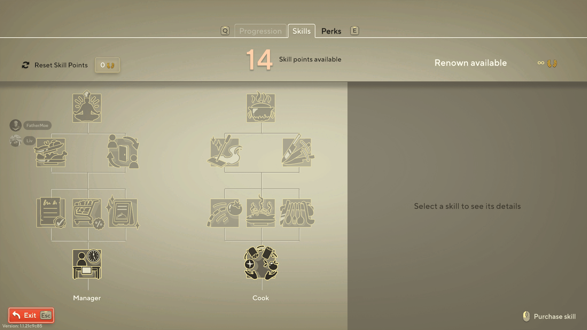 This image shows the skills tree, with 14 skill points available. 