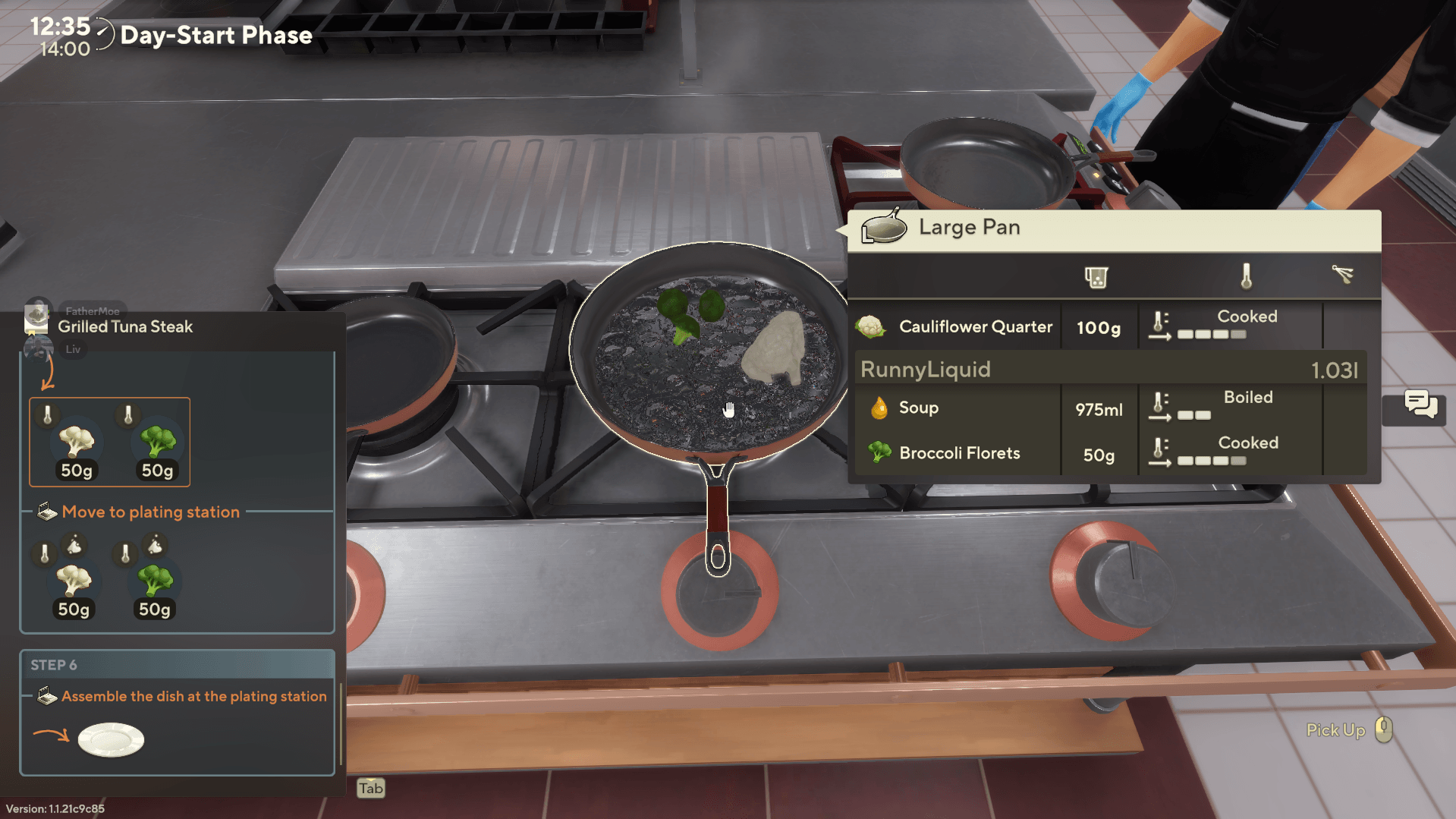This image shows the player placing cauliflower and broccoli boiling in a pan. To the left hand corner there is a recipe showing the steps to make a grilled tuna steak. 