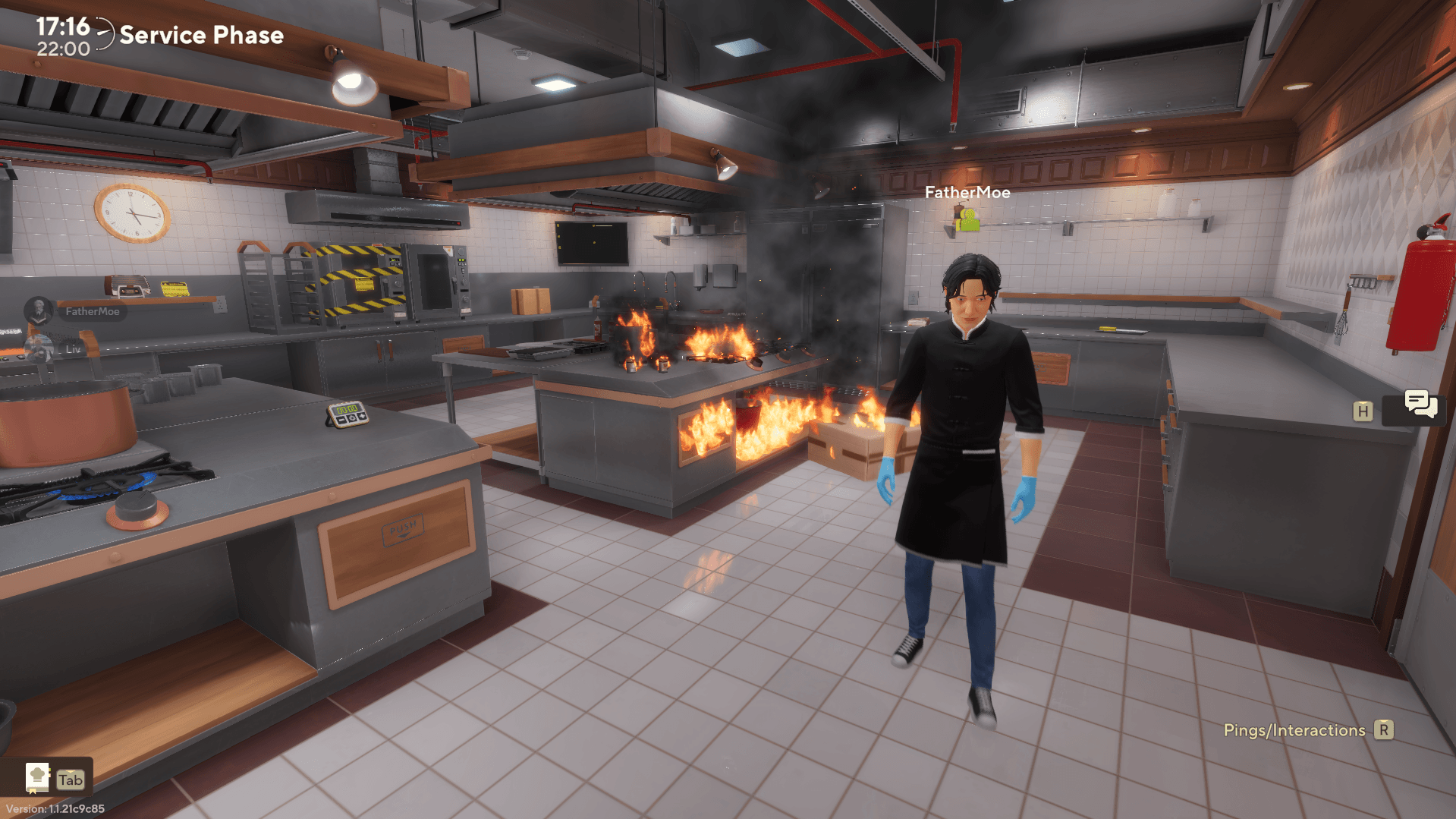 This image depicts Kyle's character walking away from the fire he has just started within the kitchen. 