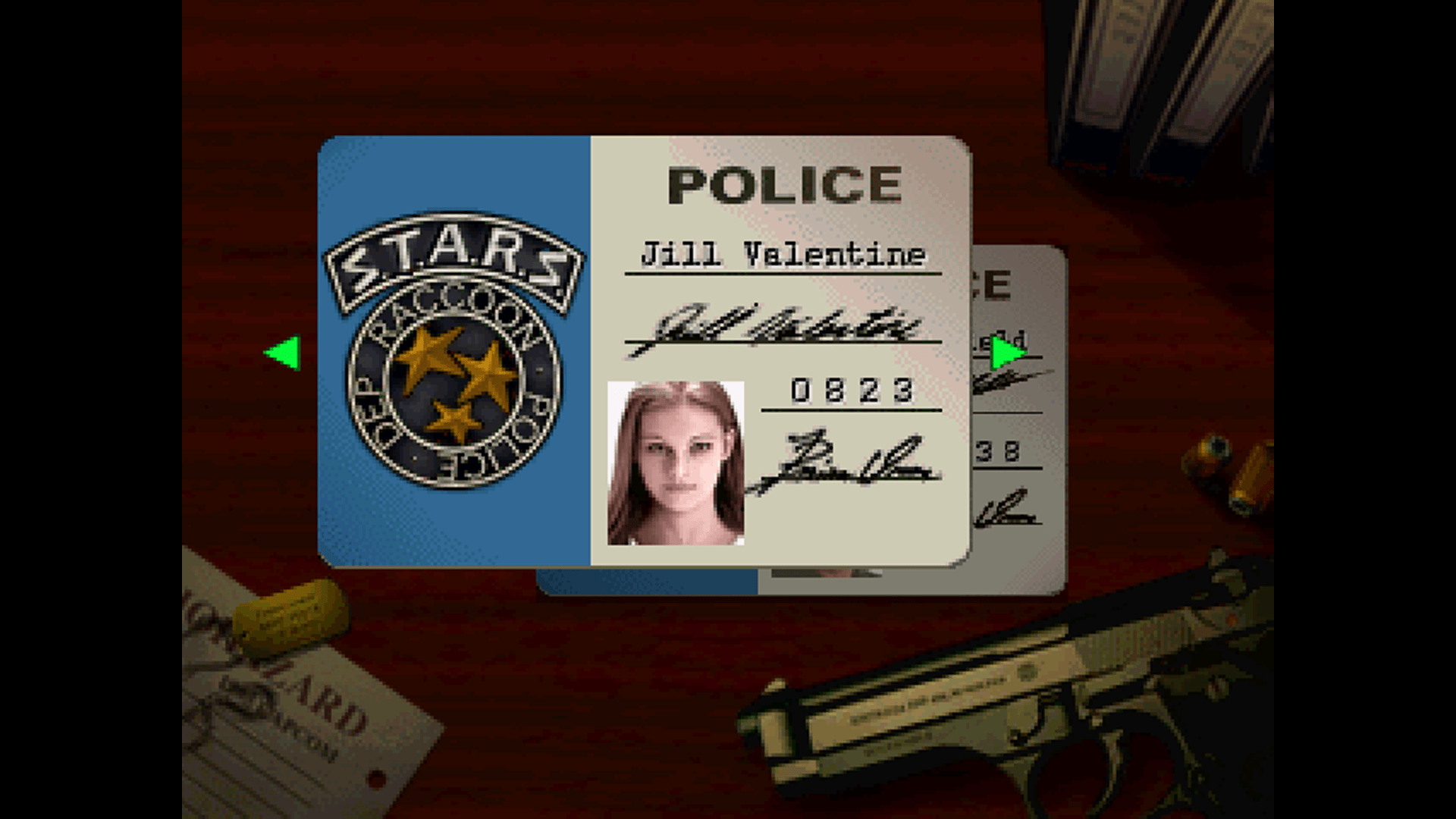 ID card for Jill Valentine, S.T.A.R.S. police officer, with a photo and signatures, is displayed on a wooden surface alongside a gun and papers.