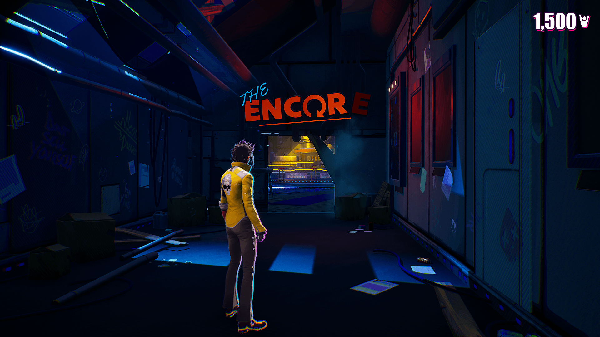 A man wearing a yellow jacket with a skull on it is stood outside a bar. The bar sign says "The Encore" with the "the" text being blue and in a stylish font. While the word "Encore" is red and bold with the O being a replay symbol. The letter E is also not lit up and is slightly hanging off.