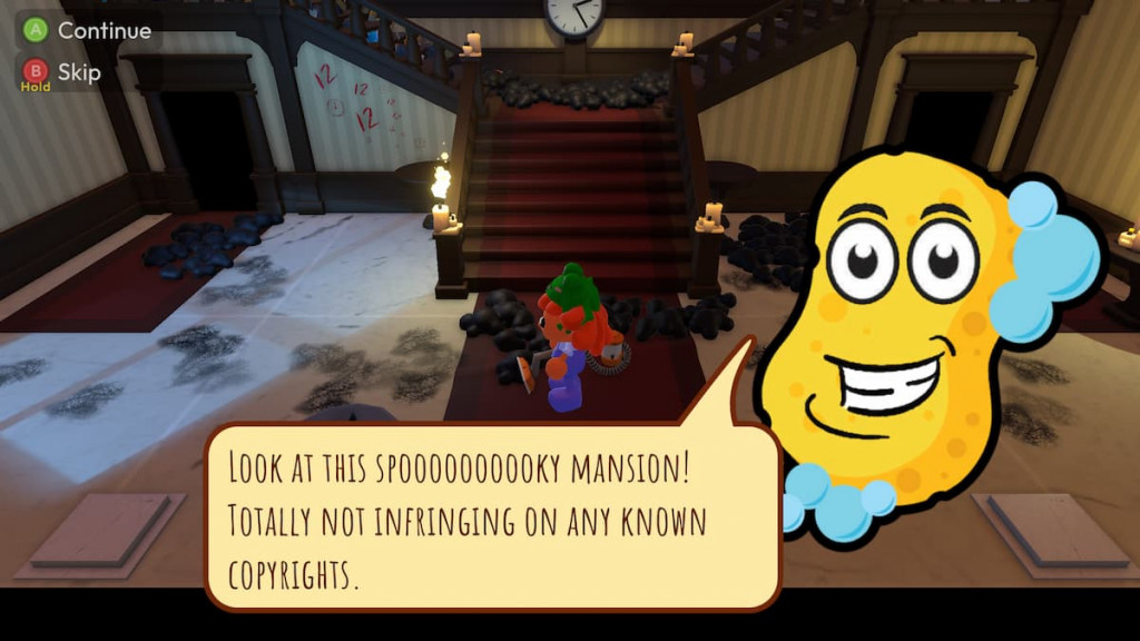 The mascot character of Cleaning Up! making a reference to Luigi's Mansion