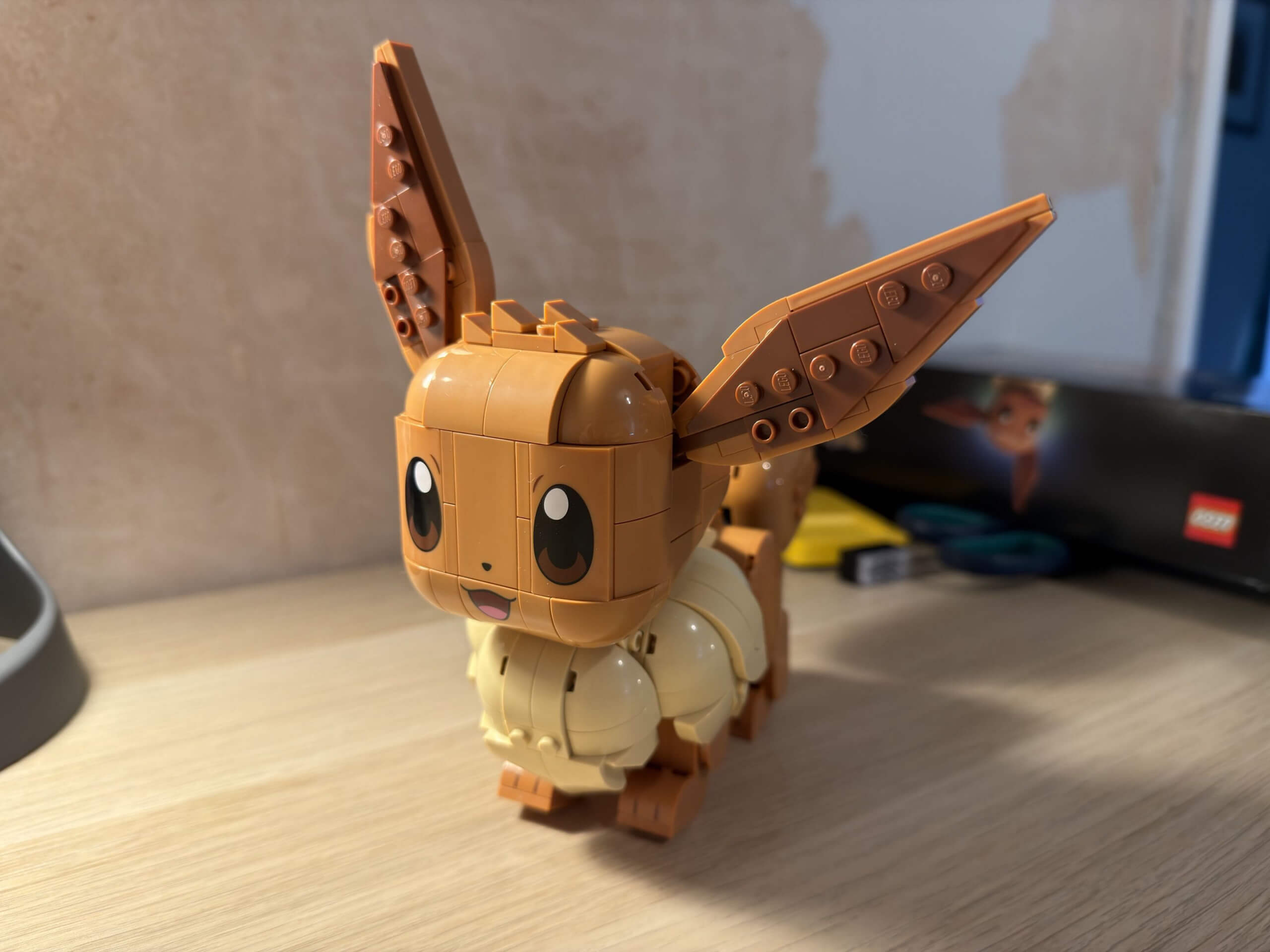 image of the lego eevee set built on a desk
