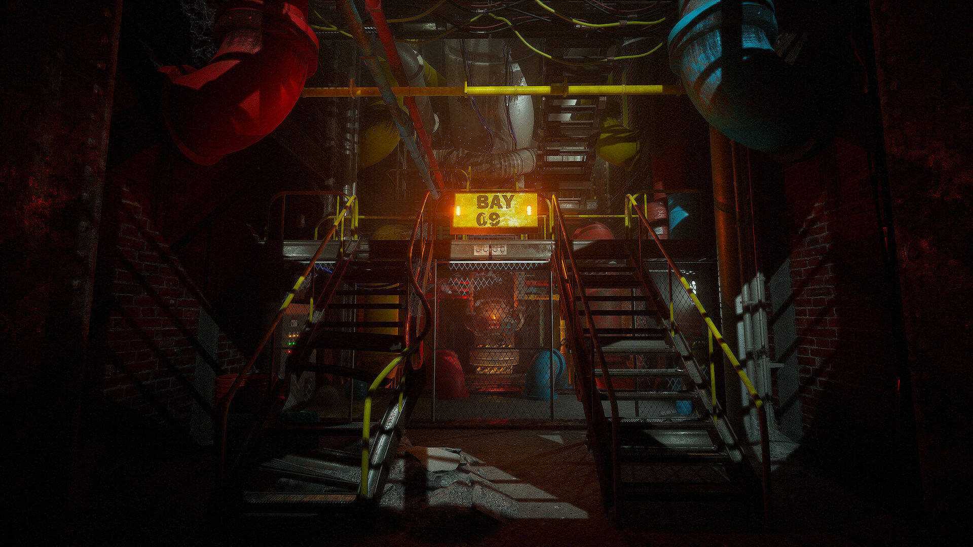Dimly lit industrial scene with two metal staircases leading to a platform under a "Bay 06" sign. Pipes and wires run overhead, creating an eerie atmosphere.
