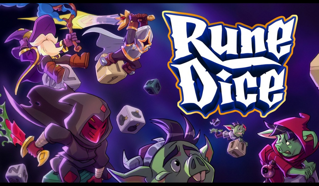 Cartoon fantasy characters including a wizard, knight, rogue, and goblins with dice floating around the "Rune Dice" game logo on a dark background.