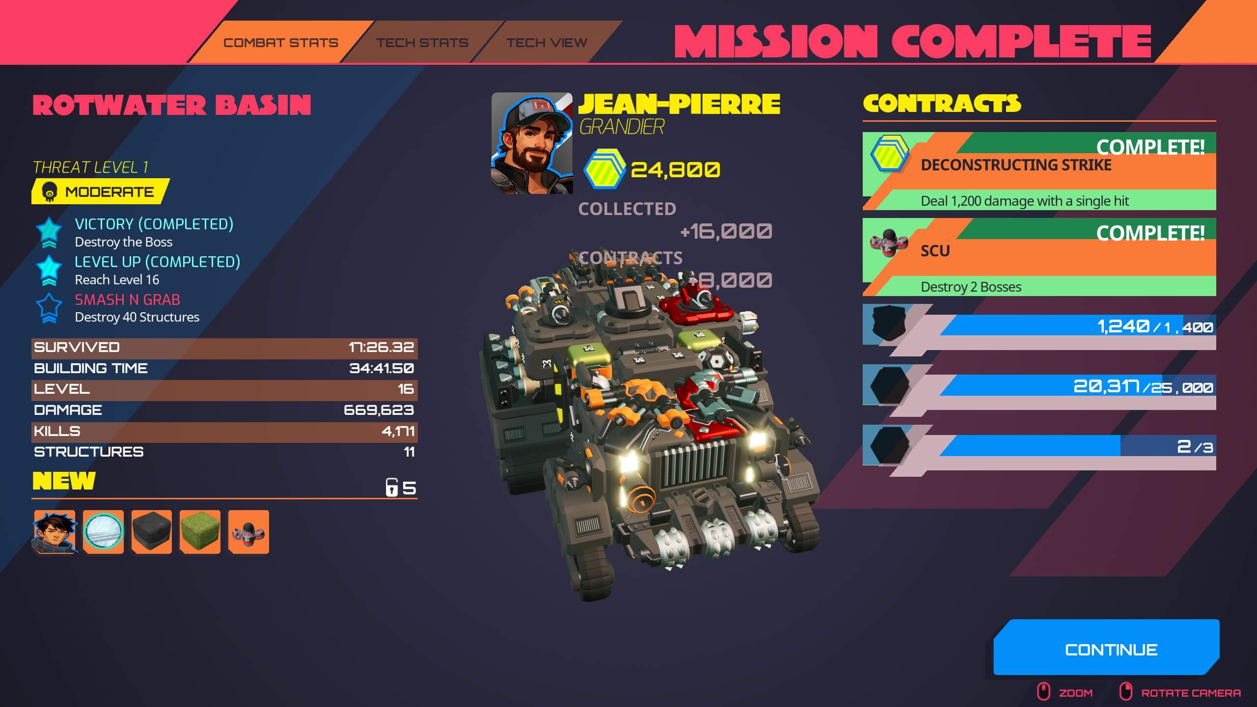 Mission complete screen showing Rotwater Basin combat stats, player Jean-Pierre, vehicle stats, and completed contracts in a futuristic game interface.