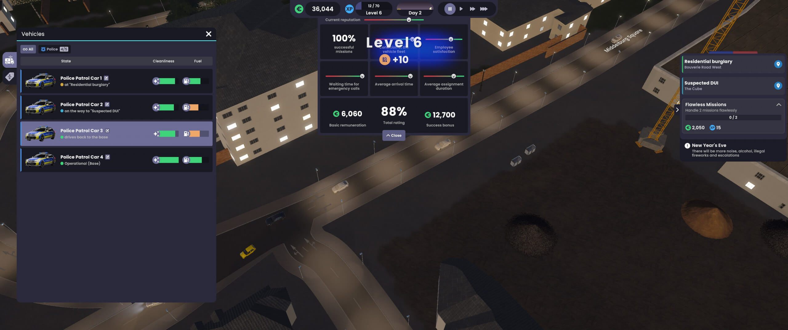 A nighttime screenshot showing levelling up and police patrol vehicles and stats like level, money, and objectives. Calm, strategic atmosphere.