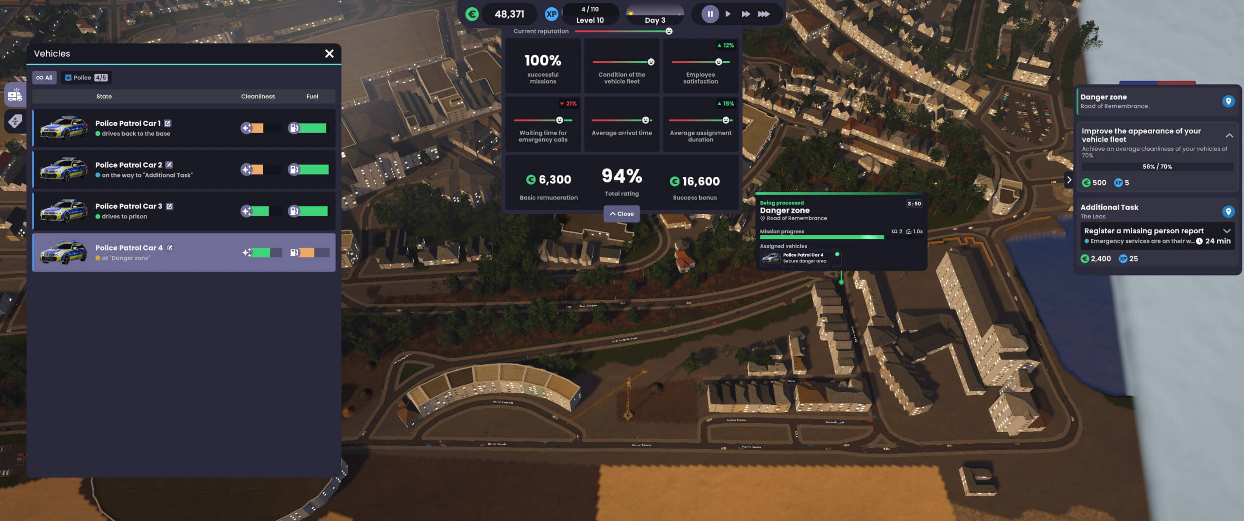 A city simulation game interface shows a menu with police patrol car stats and a progress overview. The background displays a city map with roads and buildings.